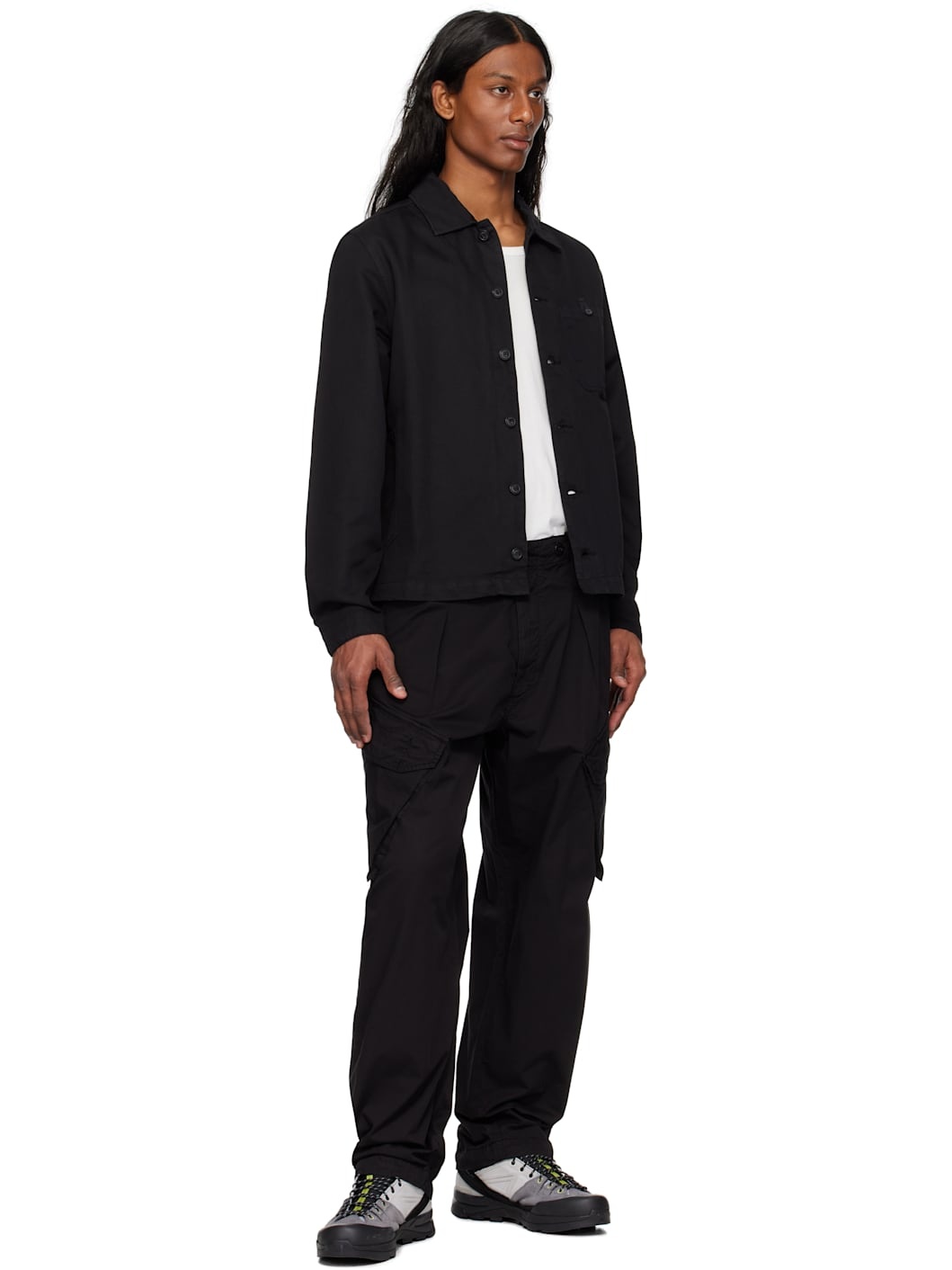 Black Cotton Gabardine Loose Cargo Pants - 4