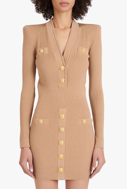 Short sand-colored eco-designed knit dress with gold-tone buttons - 5