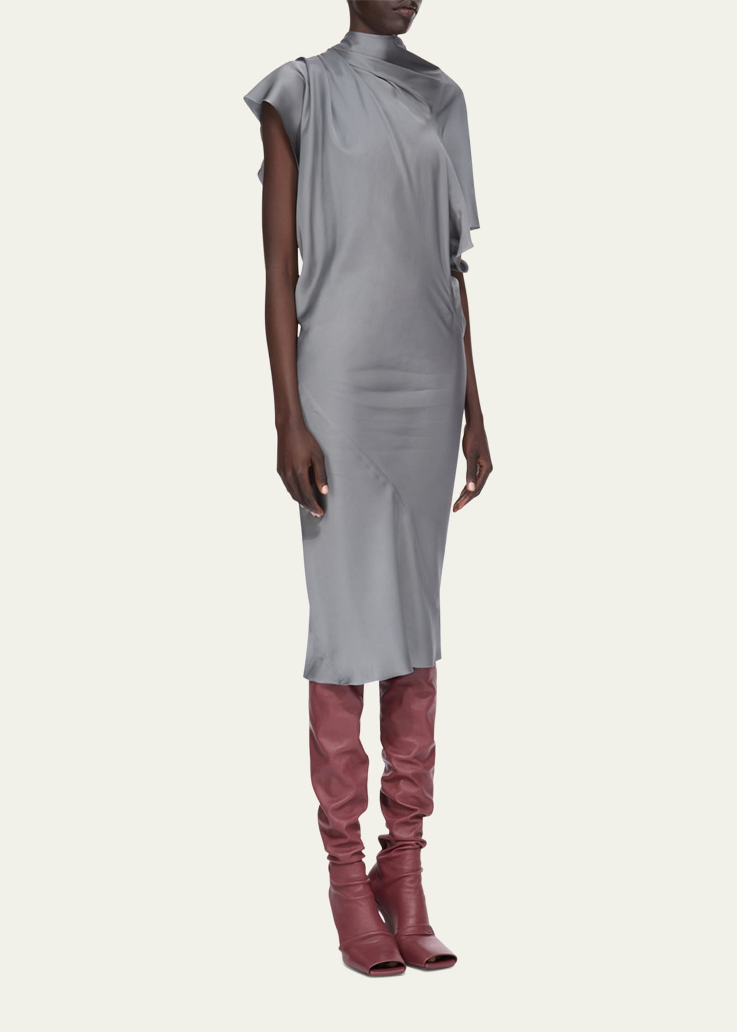 Short-Sleeve Draped Satin Midi Dress - 4