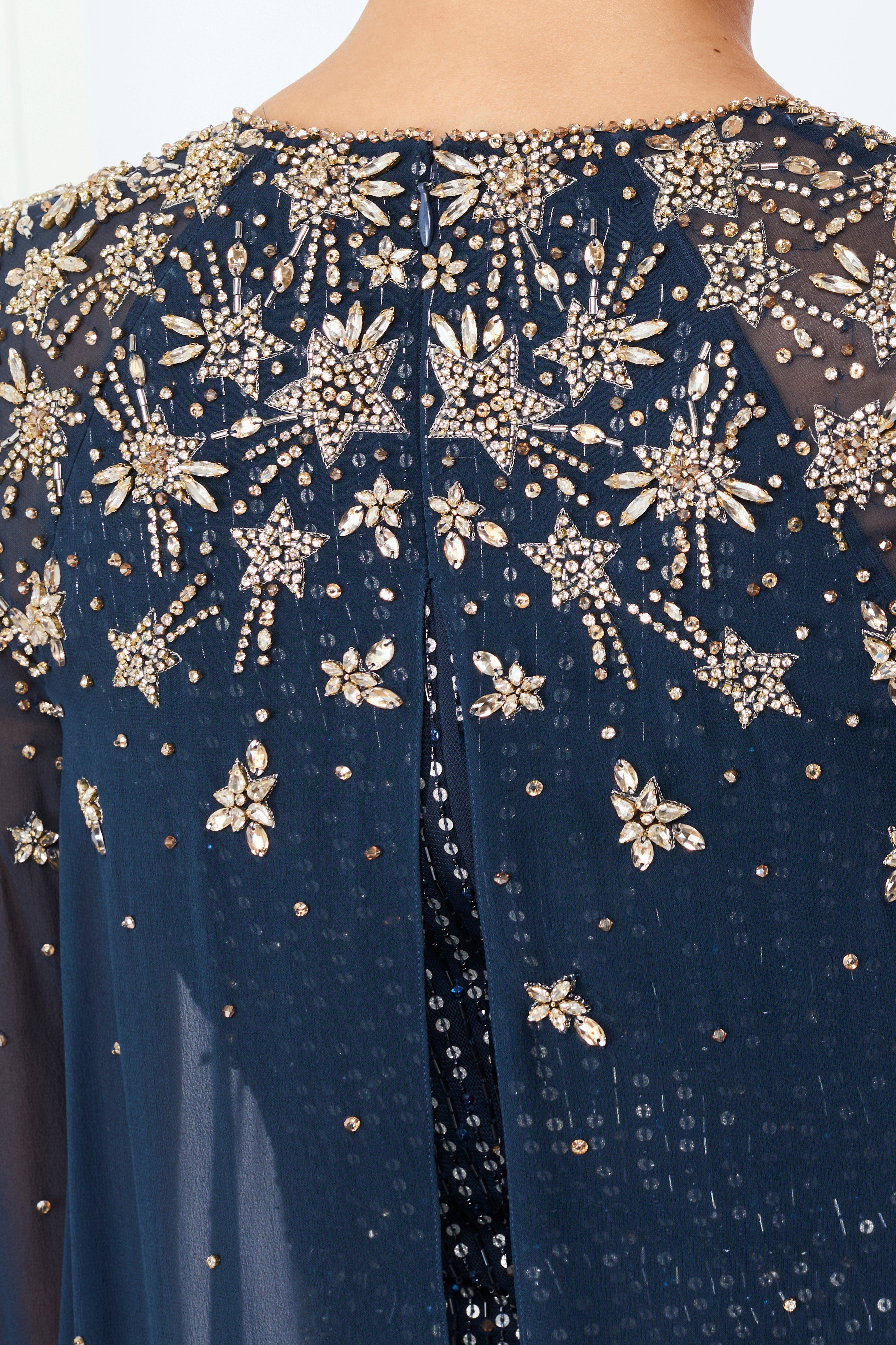 Jenny Packham Moonlight star-embellished cape-design maxi dress in Blackthorne Blue at Nordstrom - 5