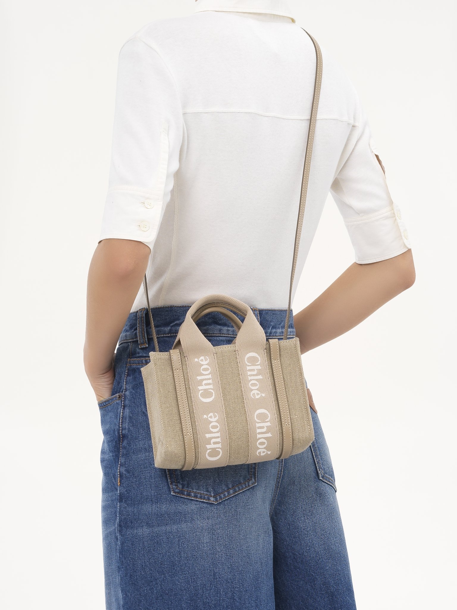 MINI WOODY TOTE BAG IN LINEN & LEATHER - 6