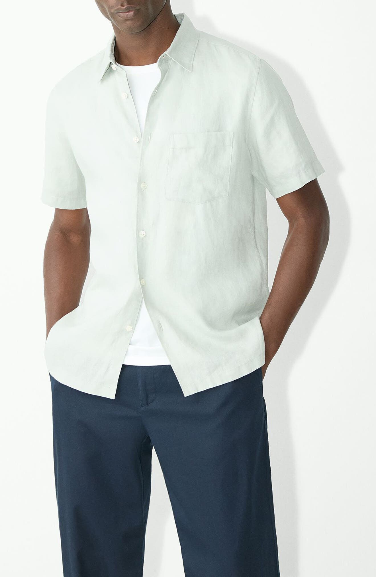 Theory Irving Solid Short Sleeve Linen Button-Up Shirt in Light Green at Nordstrom - 7
