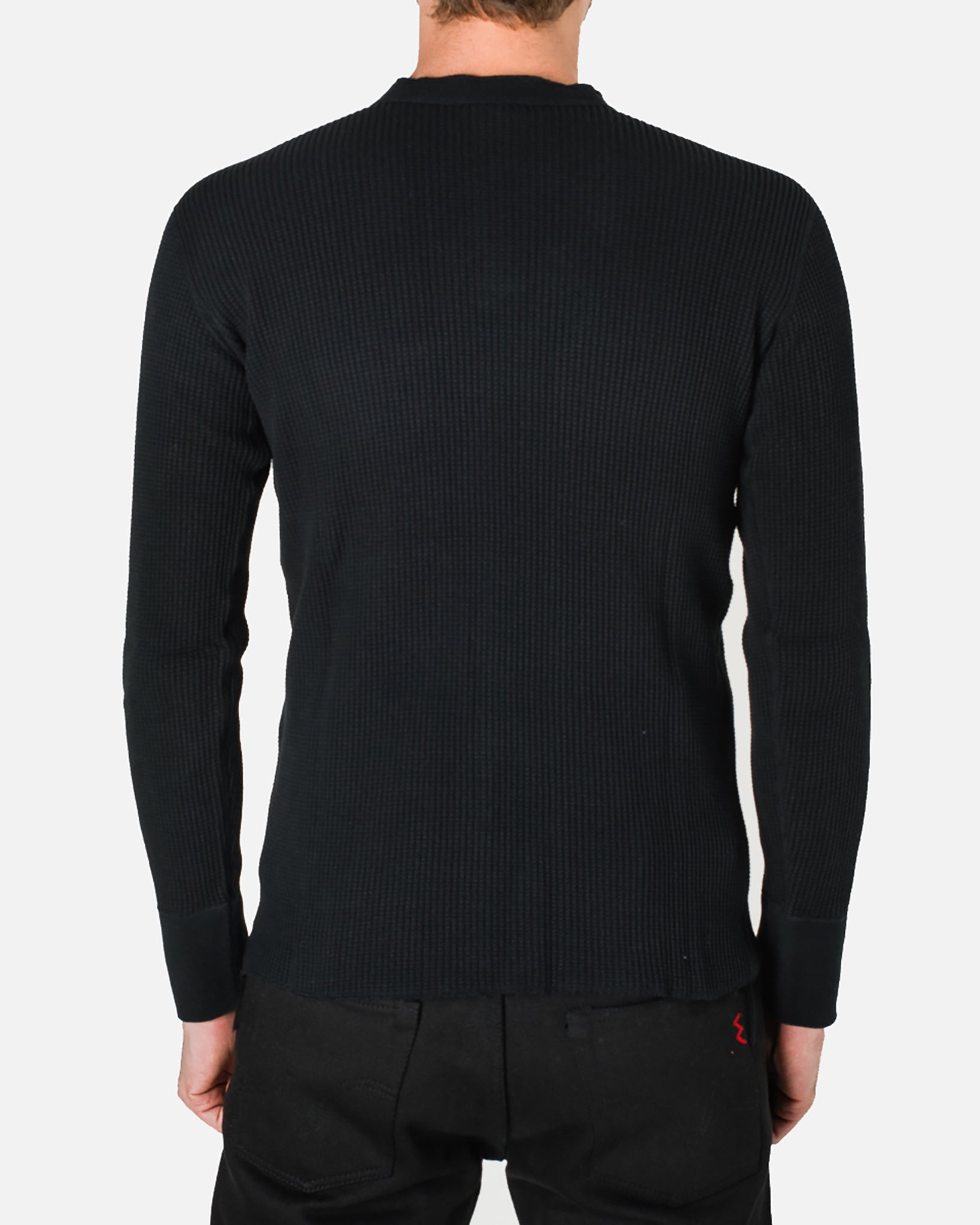 IHTL-1213-BLK Waffle Knit Long Sleeved Thermal Henley - Black - 3