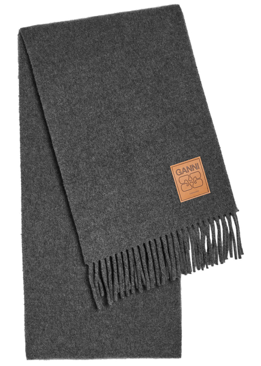 Ganni Designer-appliqué Fringed Wool Scarf - 1