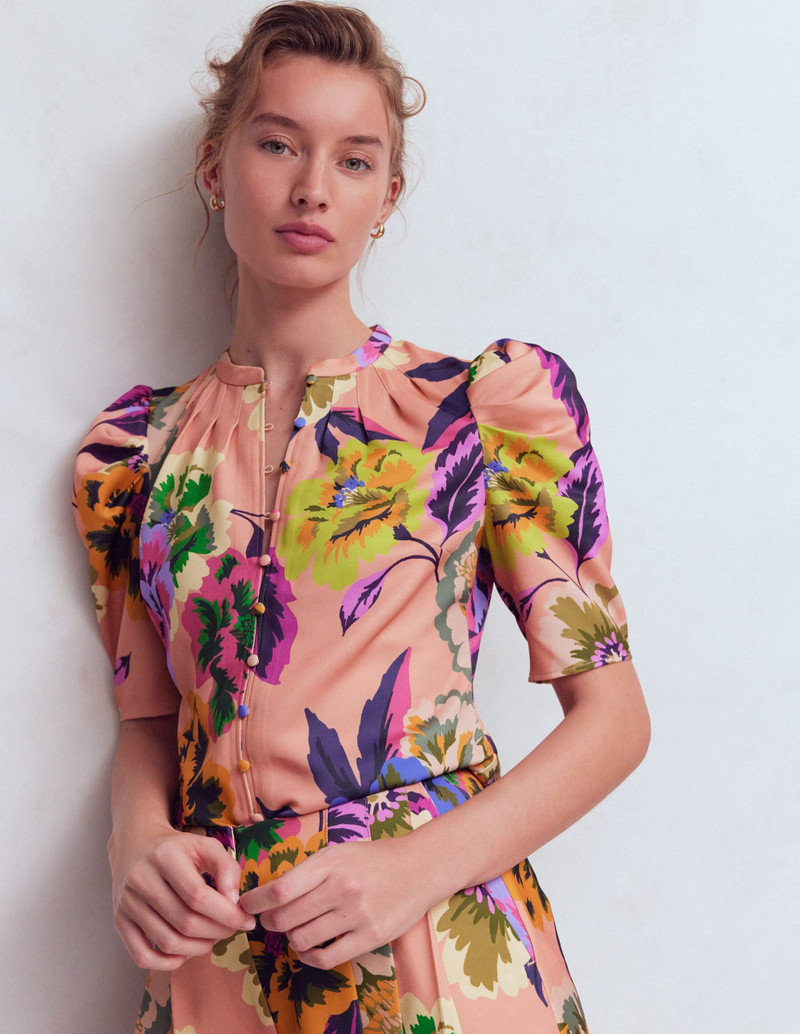 Pleated Mutton Sleeve Top-Multi, Opulent Blossom 3