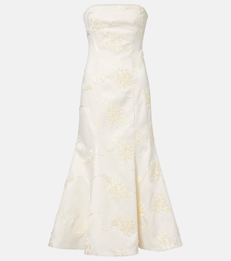 Bridal floral-appliqué satin midi dress 1