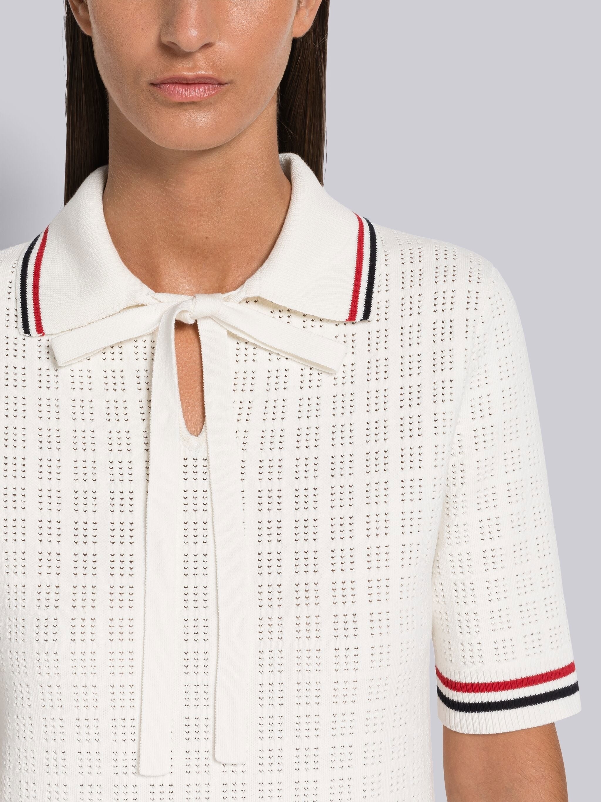 Grid Stitch Pointelle Stripe Keyhole Polo - 5