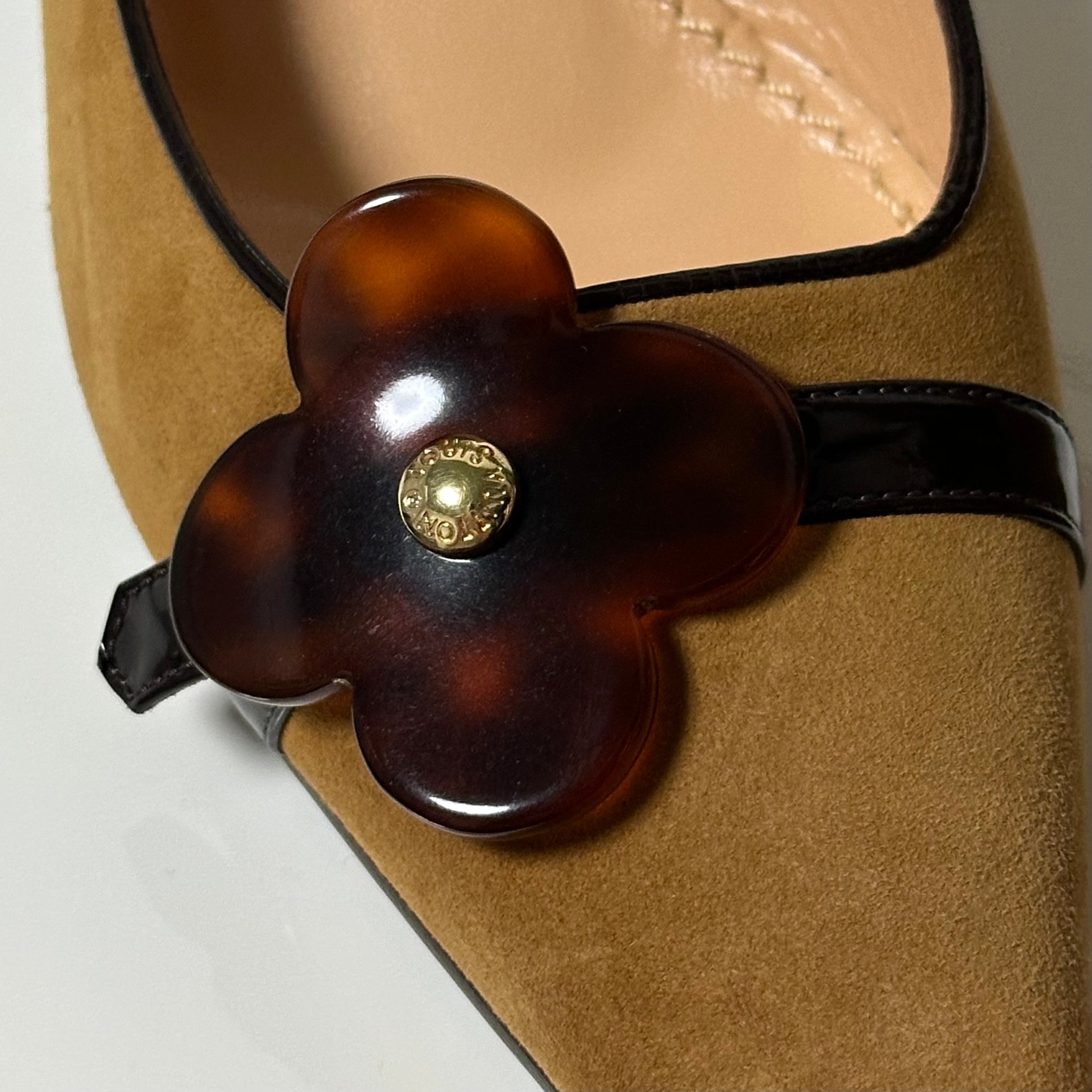 LOUIS VUITTON Tortoiseshell Flower Motif Suede Leather Slingback Sandals - 7