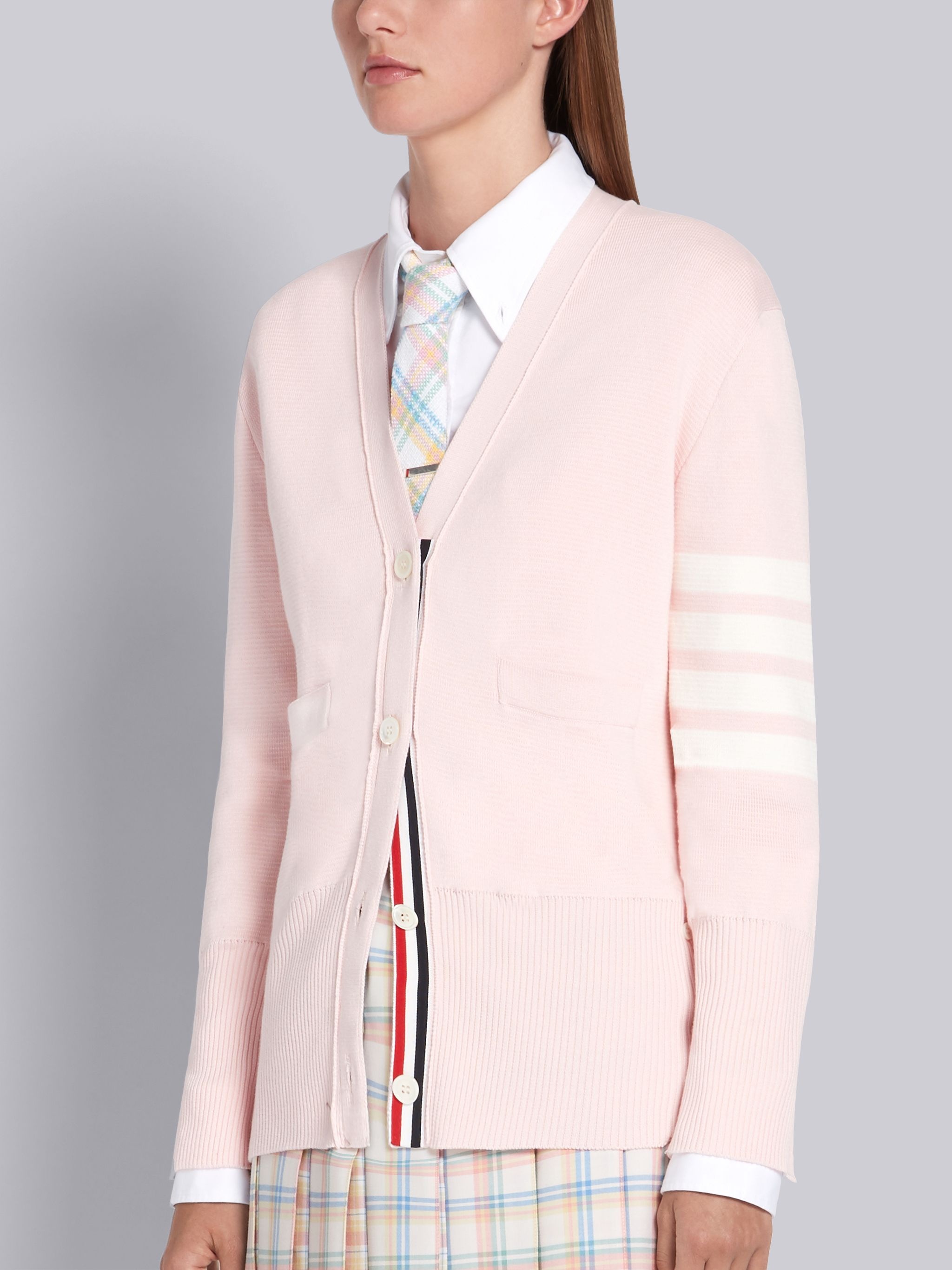 Pink Cotton Crepe V-Neck 4-Bar Cardigan - 2