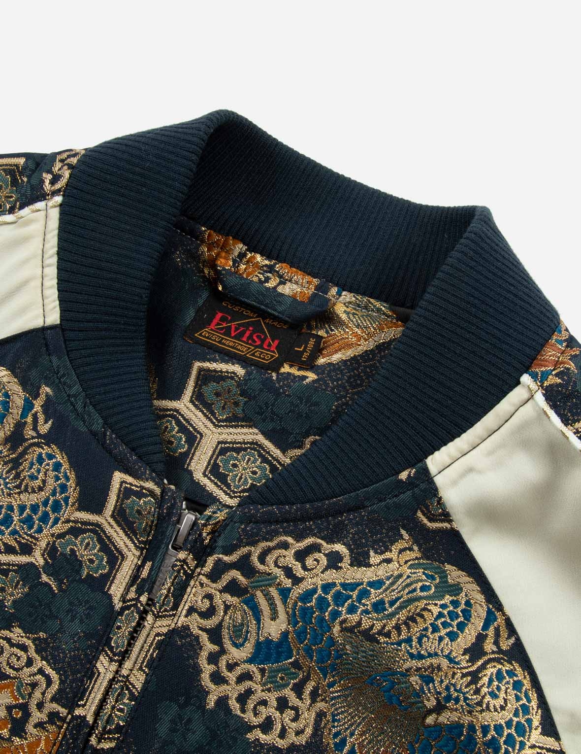 EVISU LOGO EMBROIDERY BROCADE FABRIC-BLOCKING LOOSE FIT JACKET 