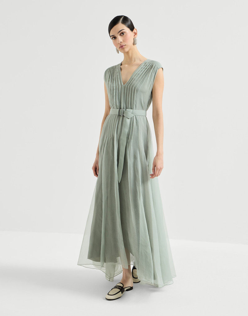 Crispy silk belted dress with pleated detail and precious strap 2
