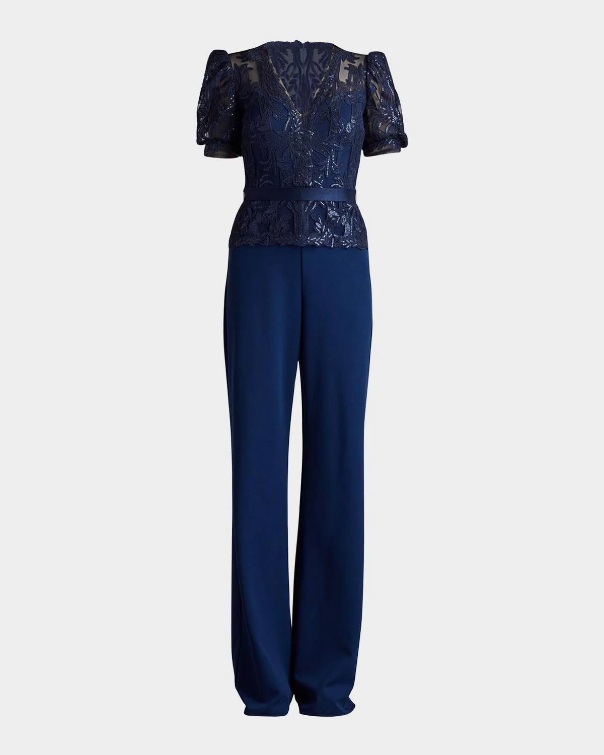 Sequined Lace Crepe V-Neck Jumpsuit - 1