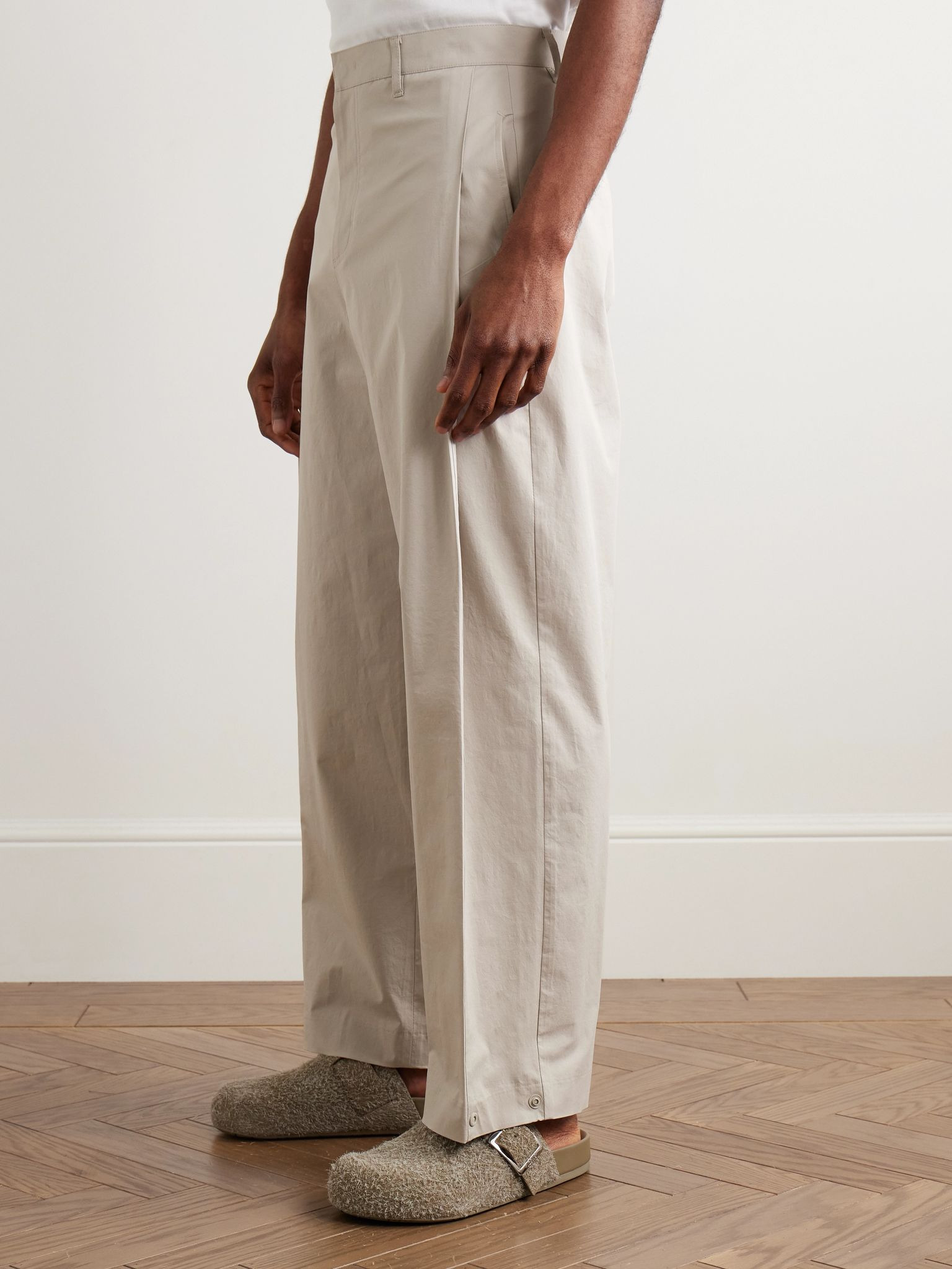 Straight-Leg Pleated Cotton-Blend Poplin Trousers Beige - 3