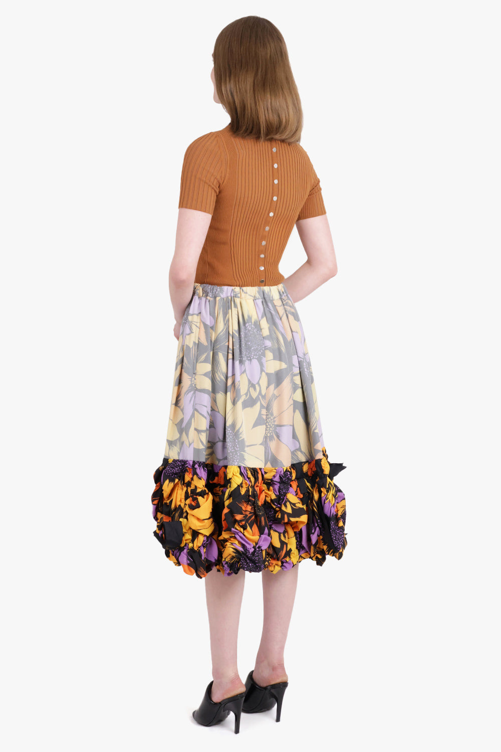 CONTRAST DETAIL FLORAL PRINT MIDI SKIRT WITH RUFFLE HEM | MULTI - 4