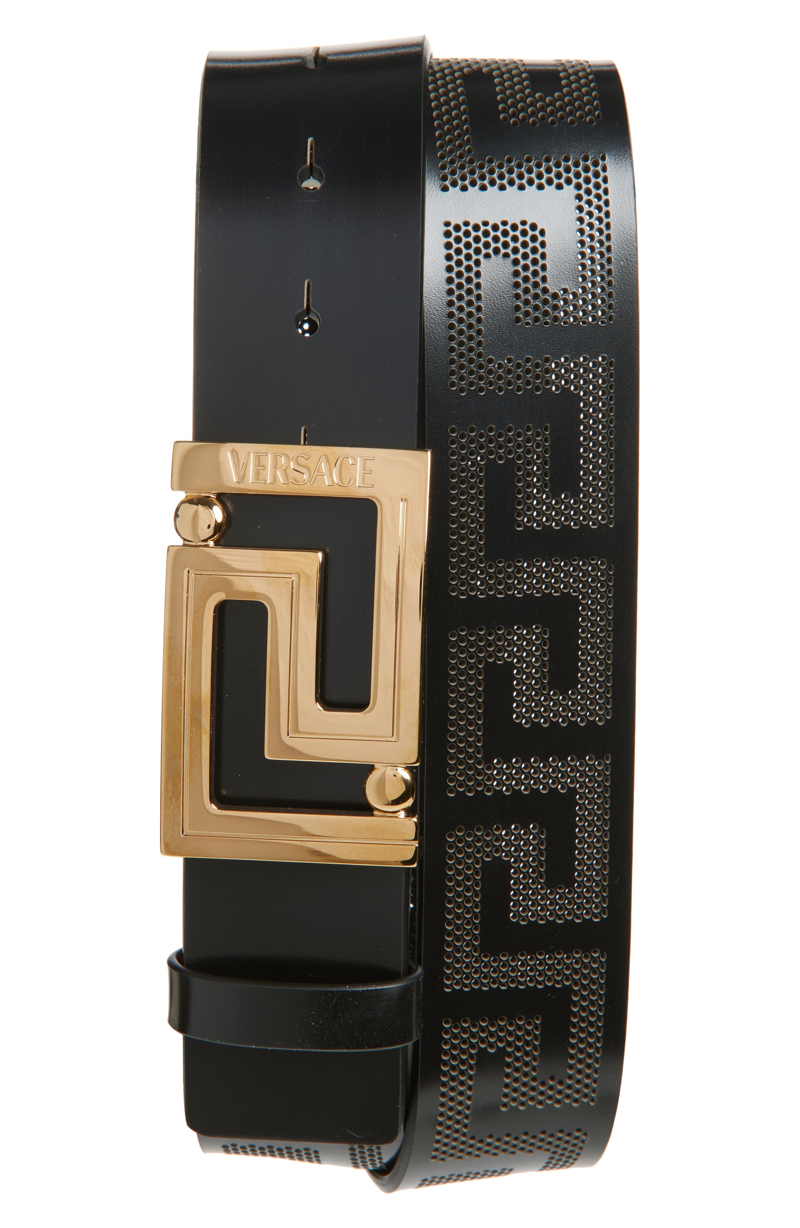 Versace Greca Leather Belt in Black-Versace Gold at Nordstrom - 1
