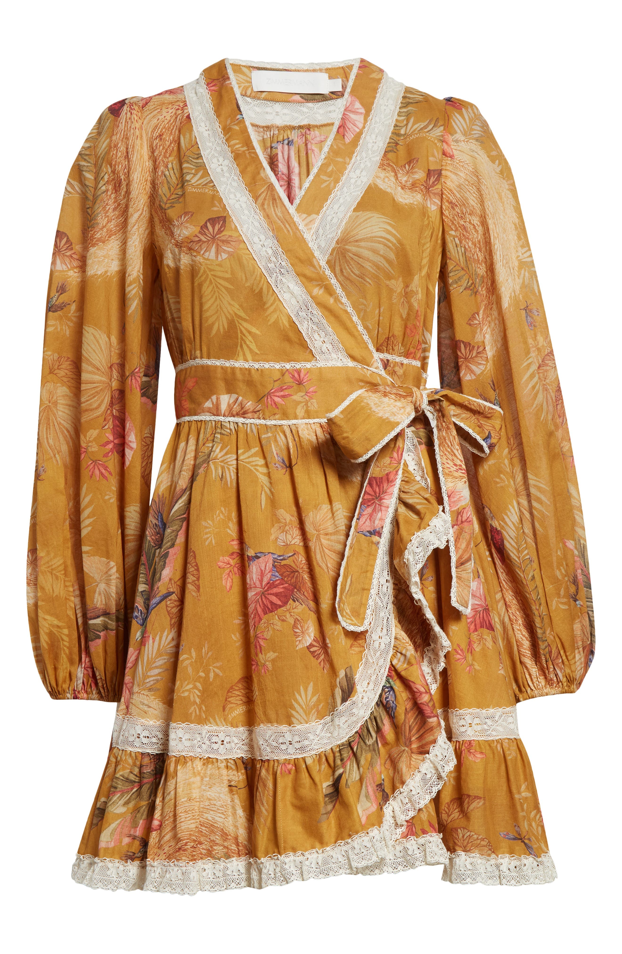 Zimmermann Ascension Lace Trim Long Sleeve Wrap Dress in Mustard Palm Floral at Nordstrom - 5