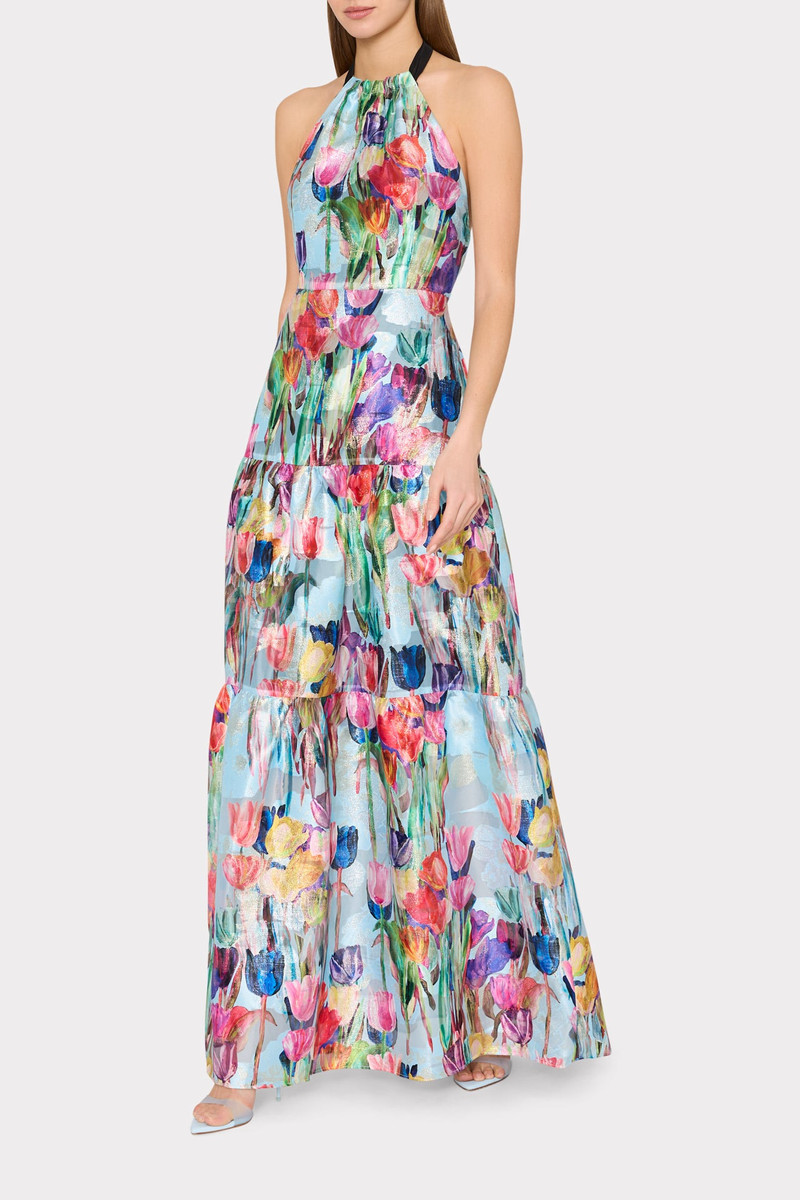 Gizelle Metallic Tulip Halter Maxi Dress 3