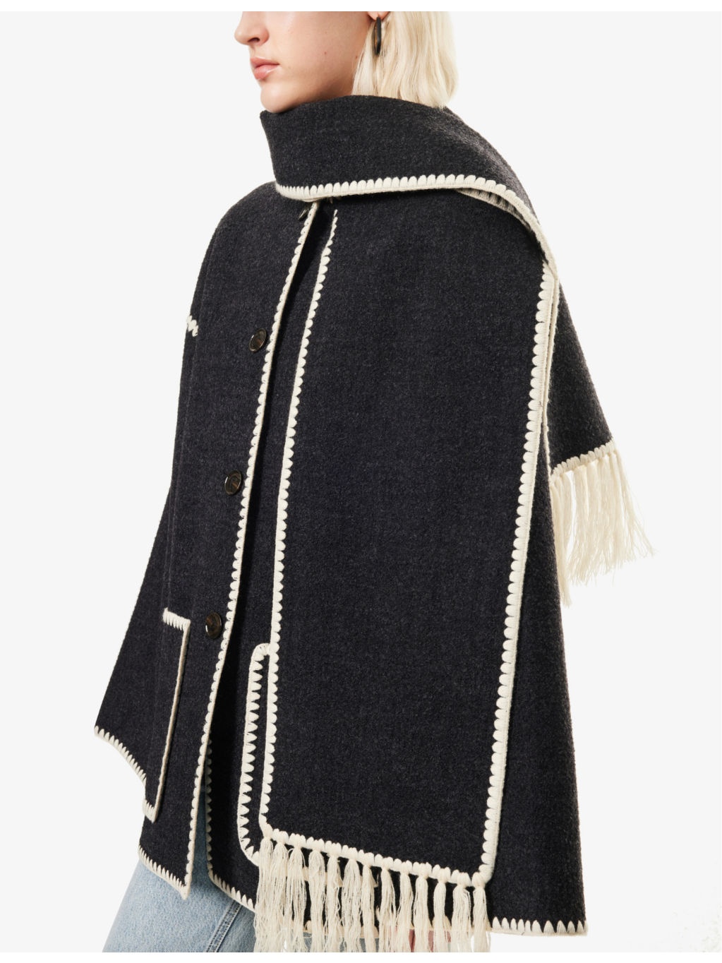 Embroidered-Trim Scarf Wool-Blend Jacket - 5
