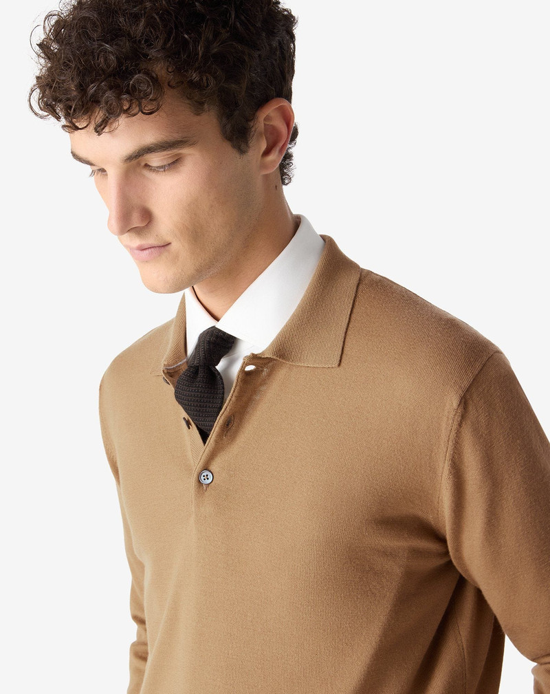 Camel beige extra fine merino wool button-up polo shirt 4