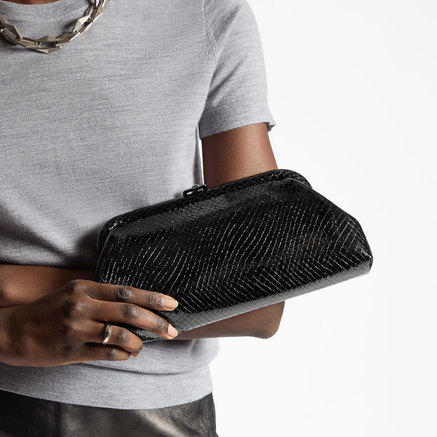 Skylar
Black Shiny Snake Printed Leather Clutch with Square JC Clasp - 2