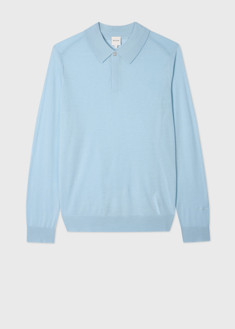 Sky Blue Merino Wool Kntted Long-Sleeve Polo Shirt 1