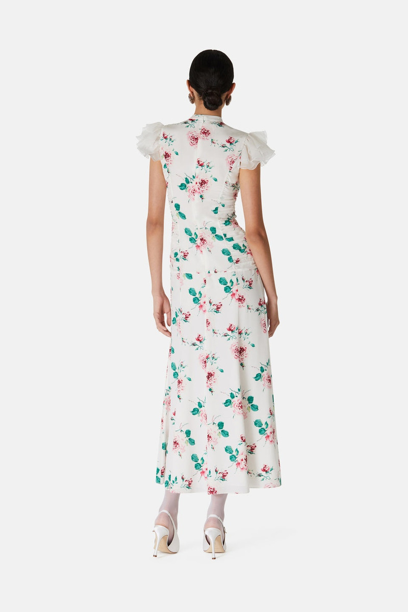 ROSE PRINT SILK DRAPED DRESS W/ ORGANZA SLEEVES 5