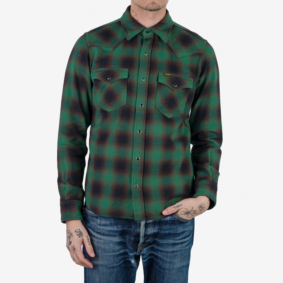 IHSH-373-GRN Ultra Heavy Flannel Ombré Check Western Shirt - Green - 3