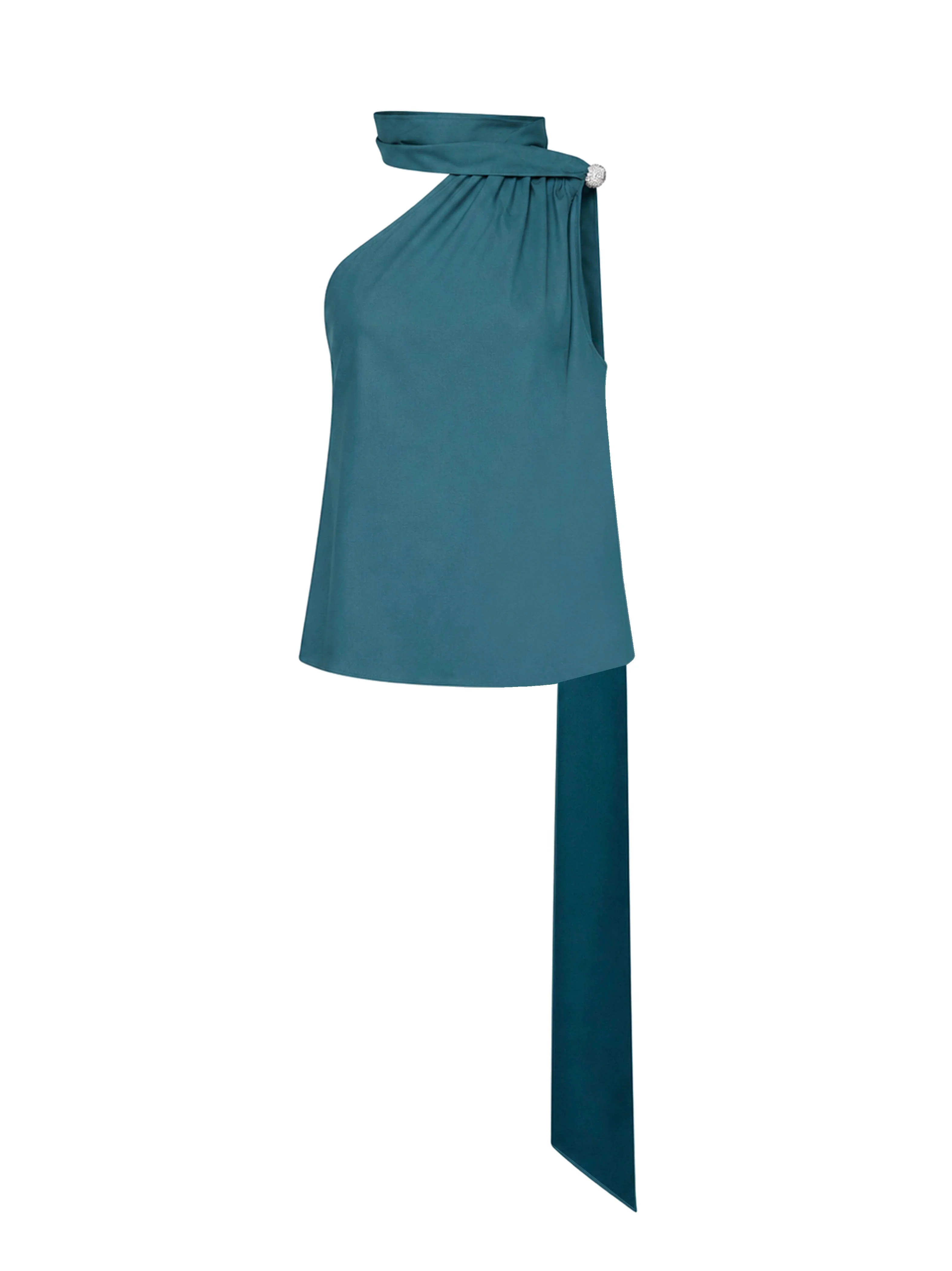 Teal blue virgin wool one-shoulder top with jeweled detail - 1