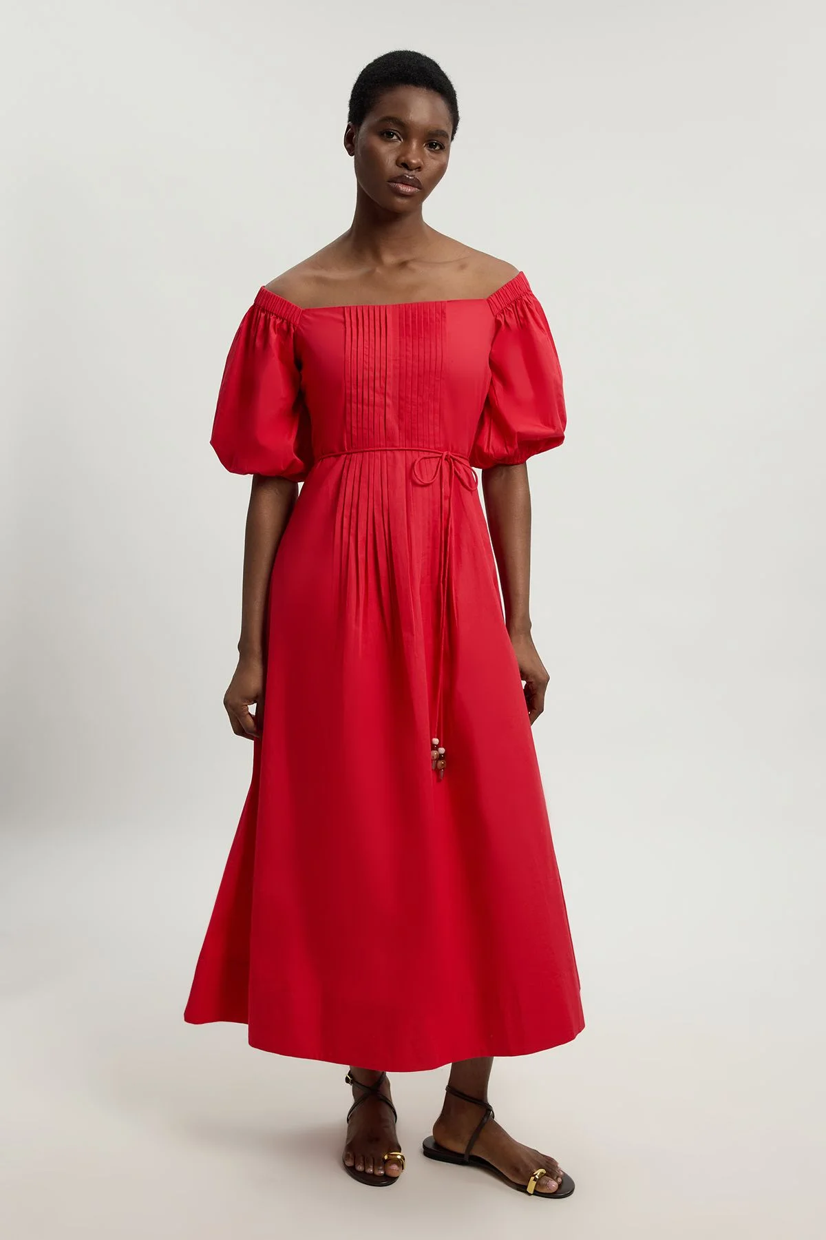Bead Detail Cotton Poplin Bardot Midi Dress - 1