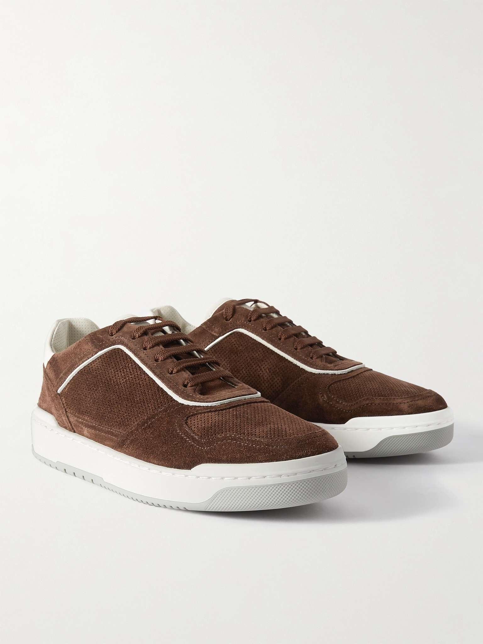 Suede-Trimmed Perforated Leather Sneakers - 4