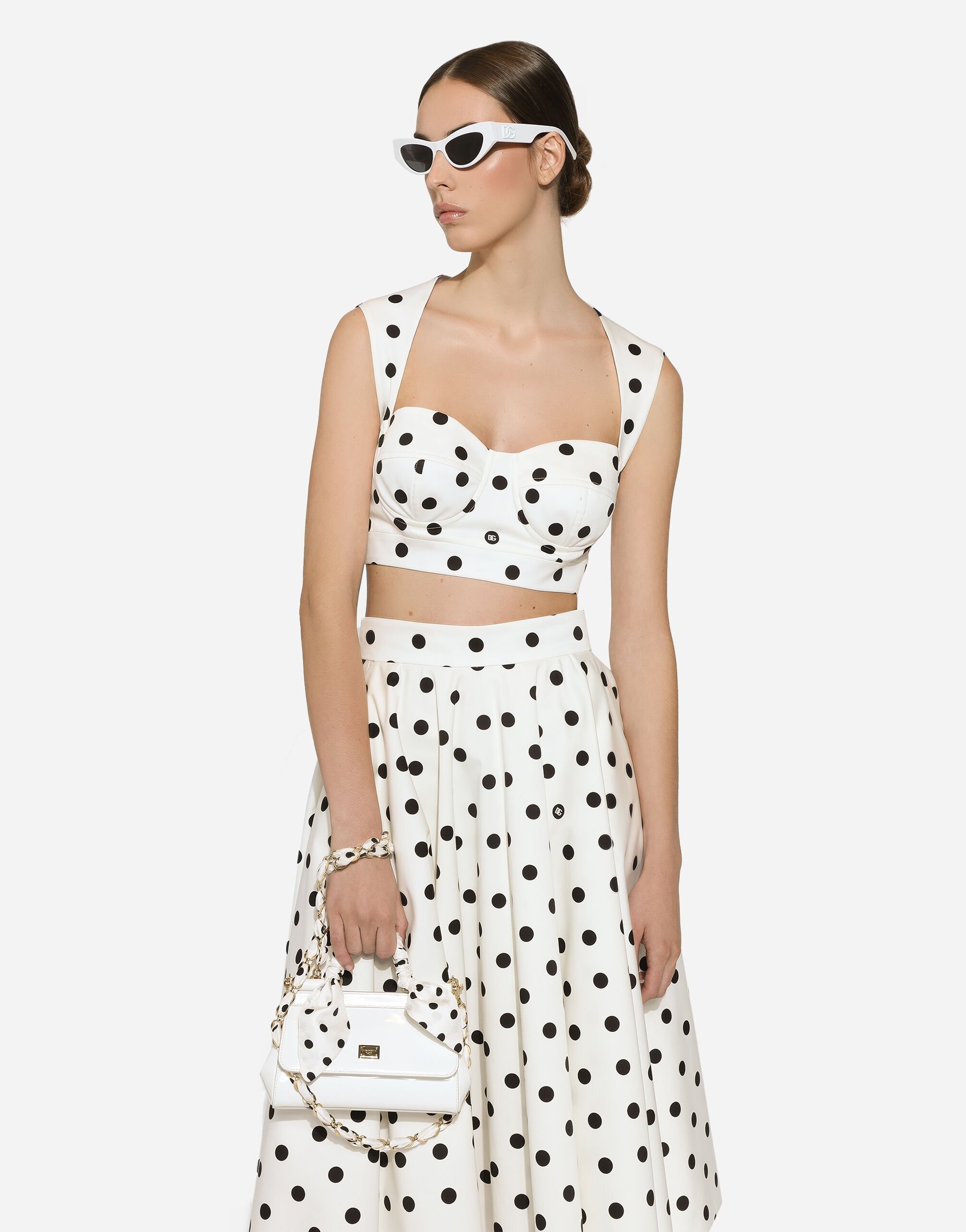 Cotton drill calf-length circle skirt with polka-dot print - 4