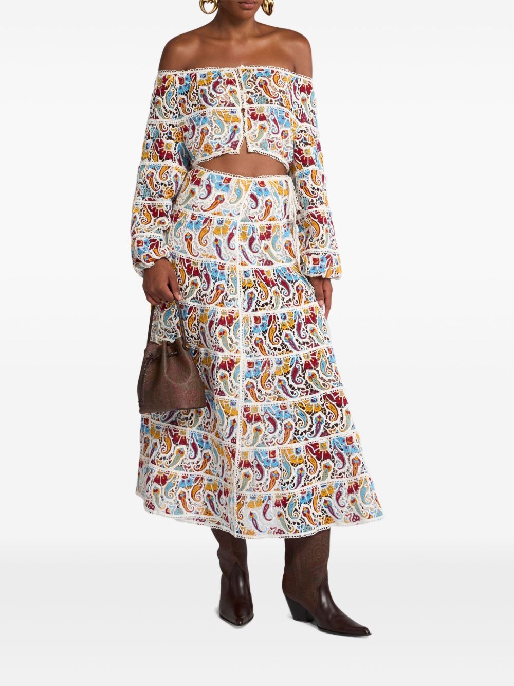 paisley-macramé midi skirt - 2