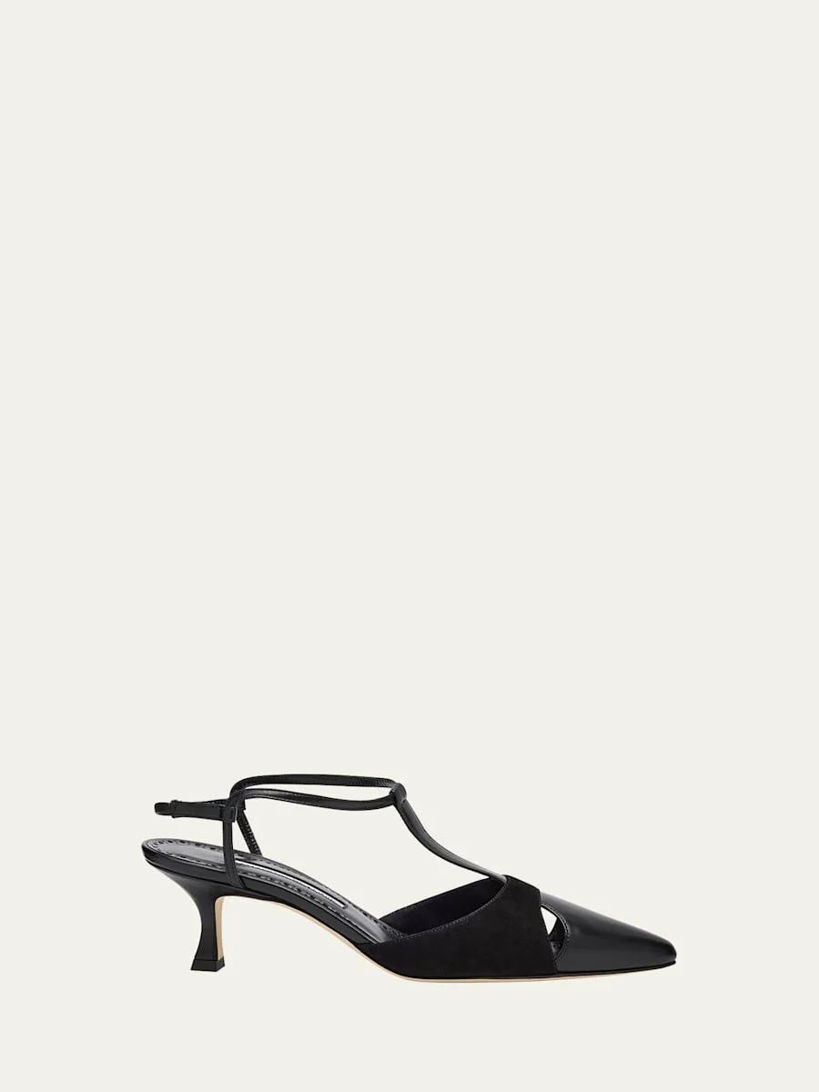 Mixed Leather T-Strap Pumps - 1