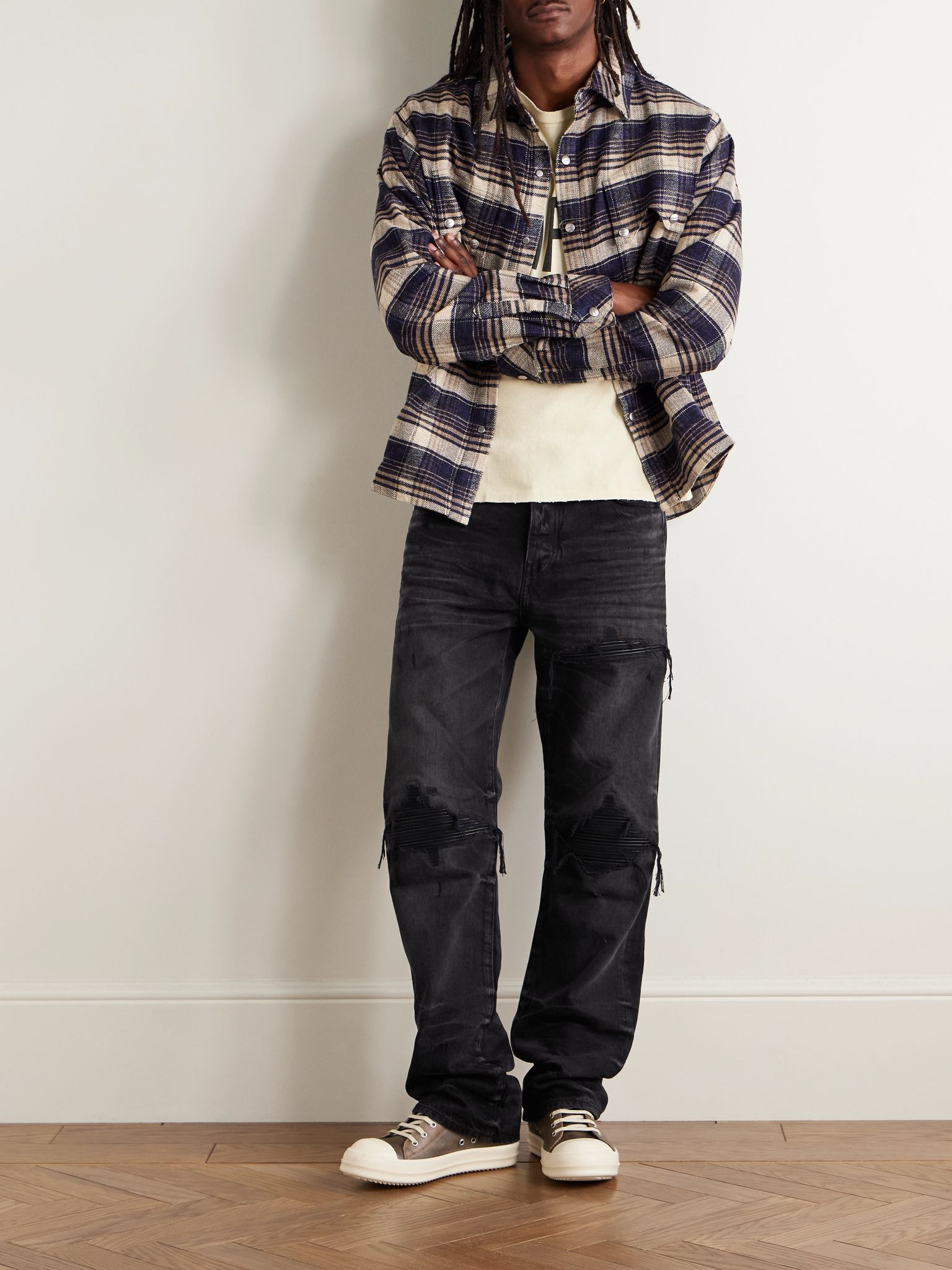 MX1 Straight-Leg Leather-Panelled Distressed Jeans Black - 2