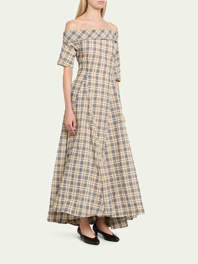 Bowery Off-The-Shoulder Check Seersucker Asymmetric Dress 4