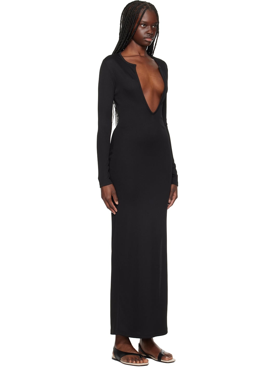 Black Concave Long Sleeve Rib Maxi Dress - 2