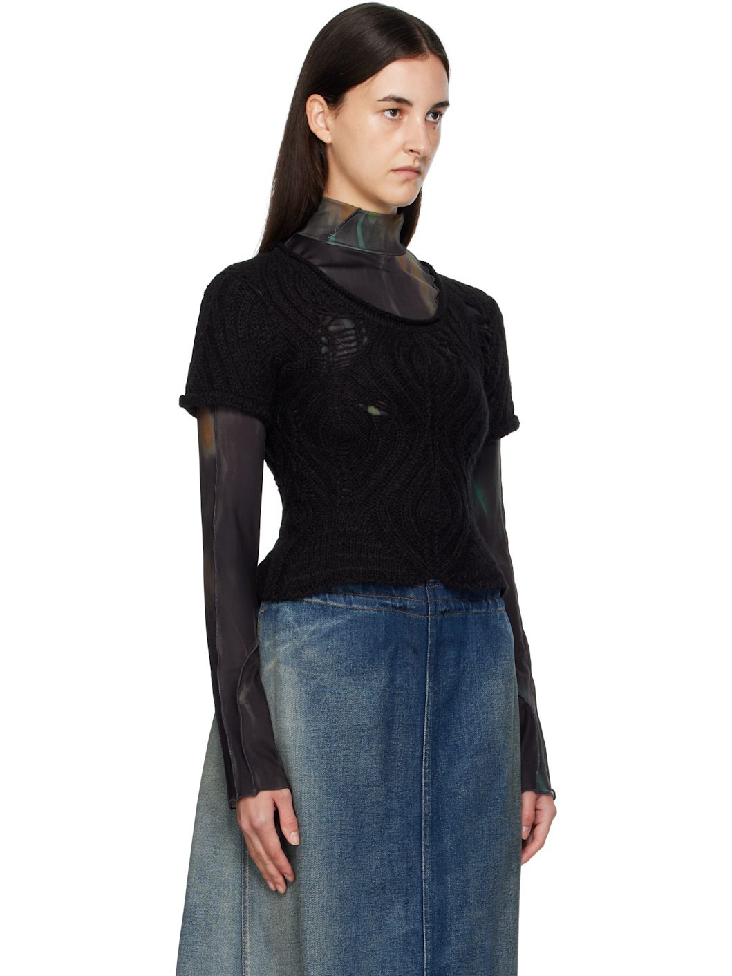 Black & Green Cap Sleeve Sweater Layered T-shirt - 2