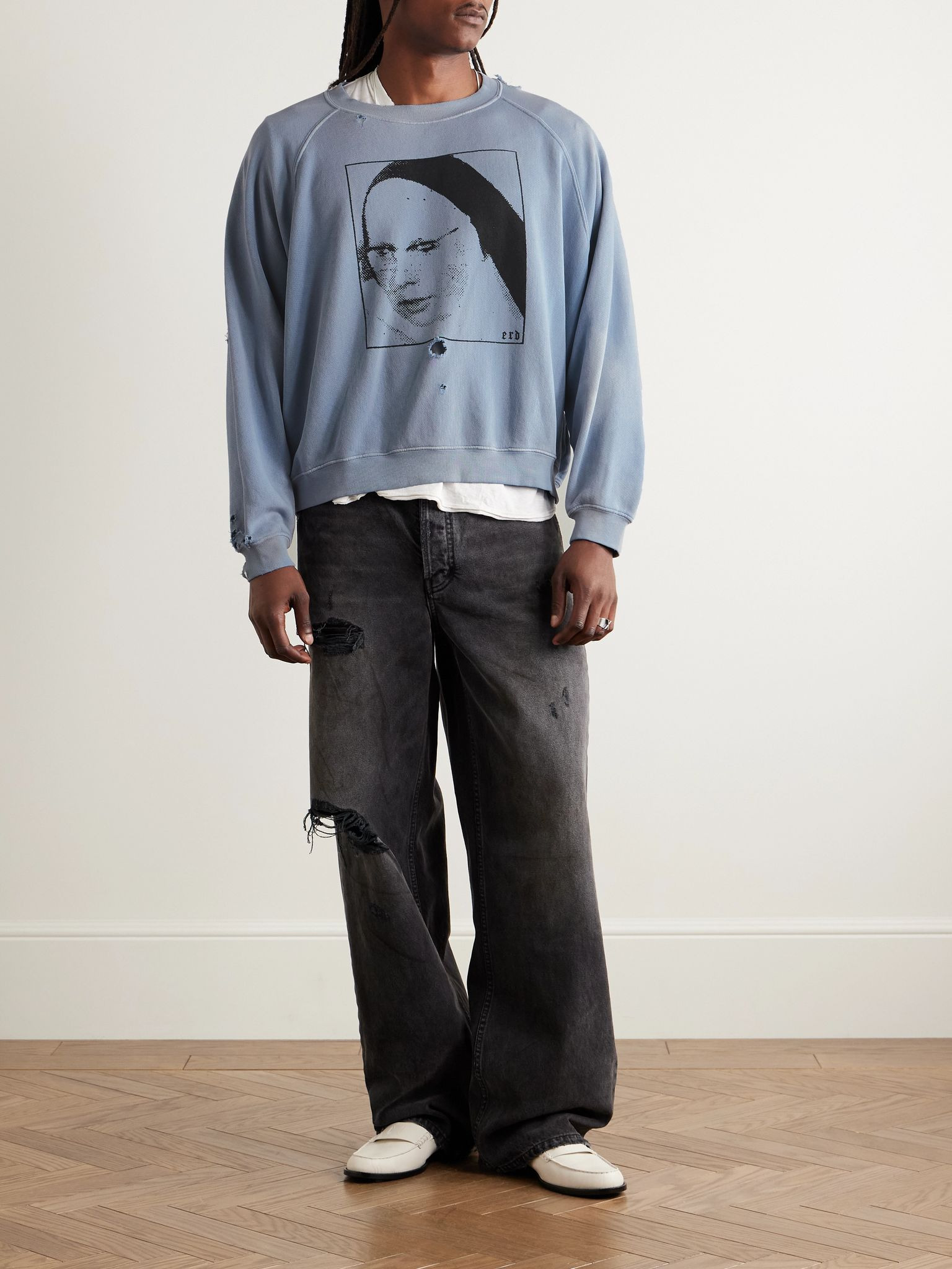 Singing Woman Distressed Printed Garment-Dyed Cotton-Jersey Sweatshirt Blue - 2