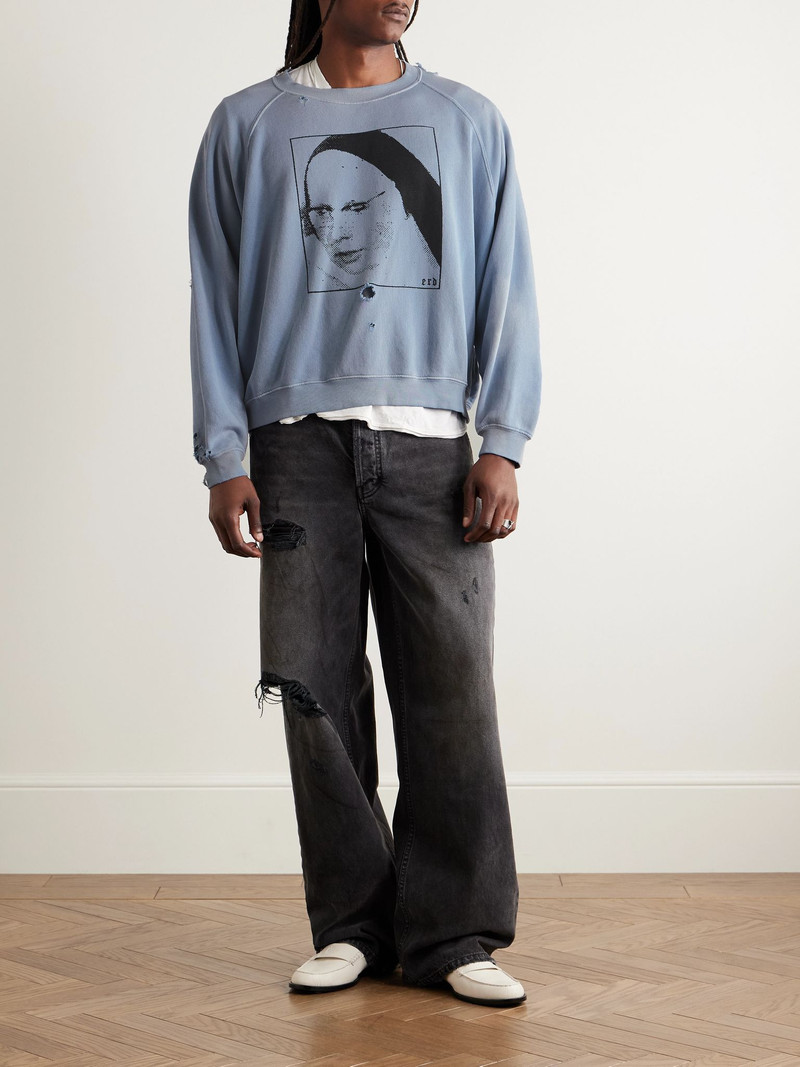 Enfants Riches Déprimés Singing Woman Distressed Printed Garment-Dyed Cotton-Jersey Sweatshirt Blue outlook