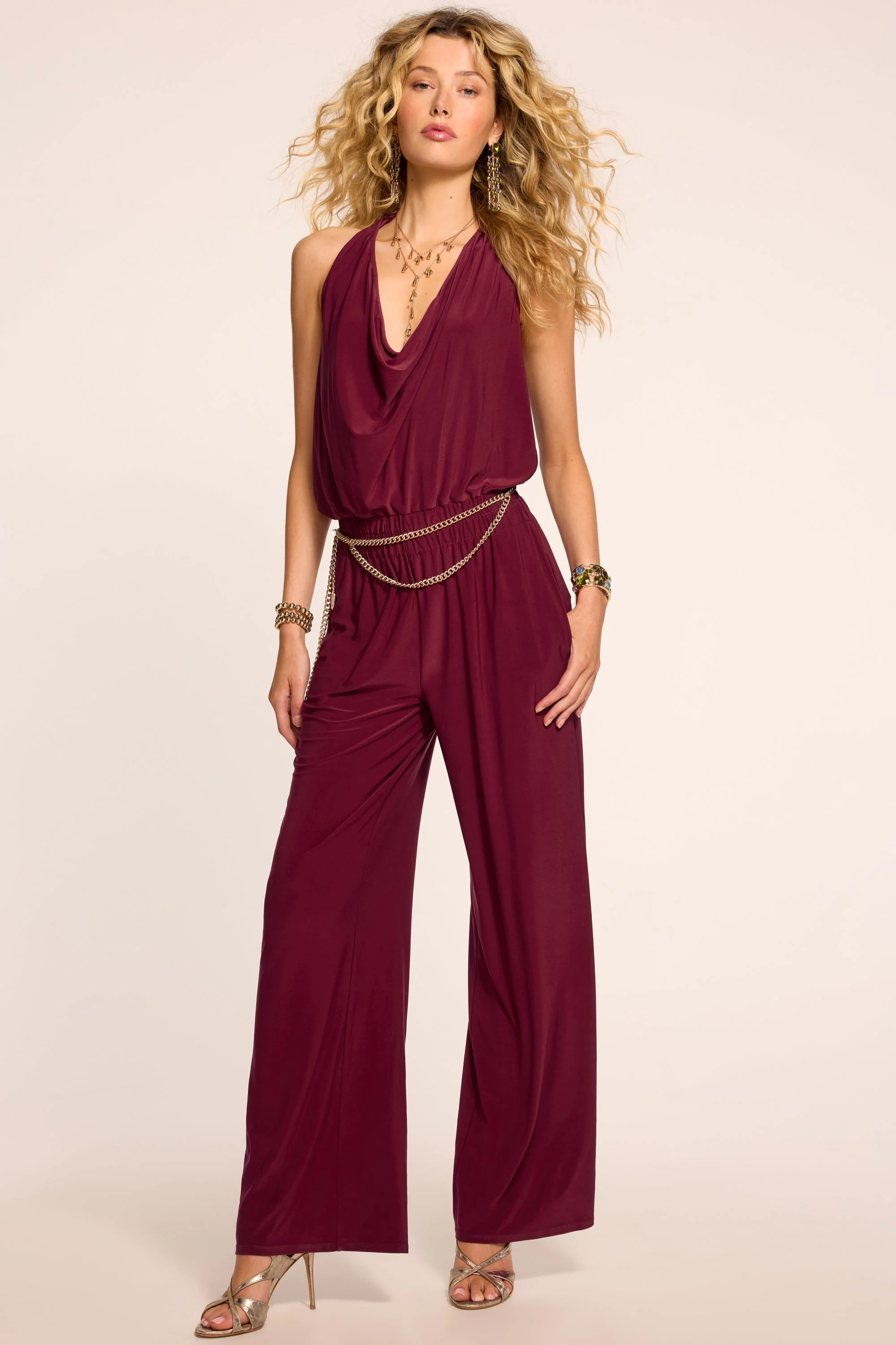 Stephanie Jersey Halter Jumpsuit | CRANBERRY - 1