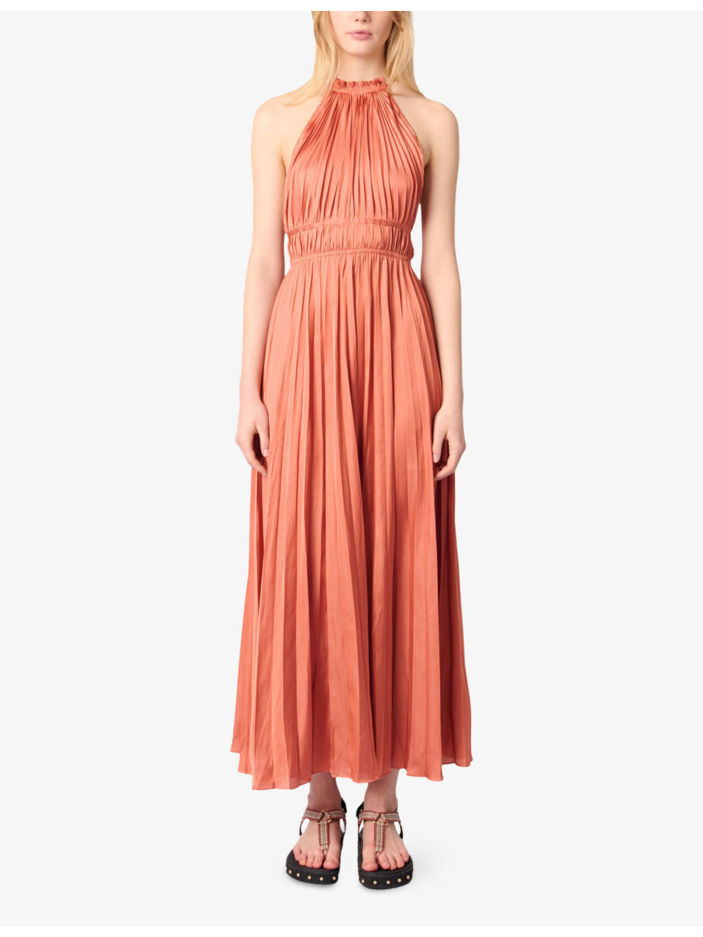 Halter-Neck Pleated Woven Midi Dress - 2