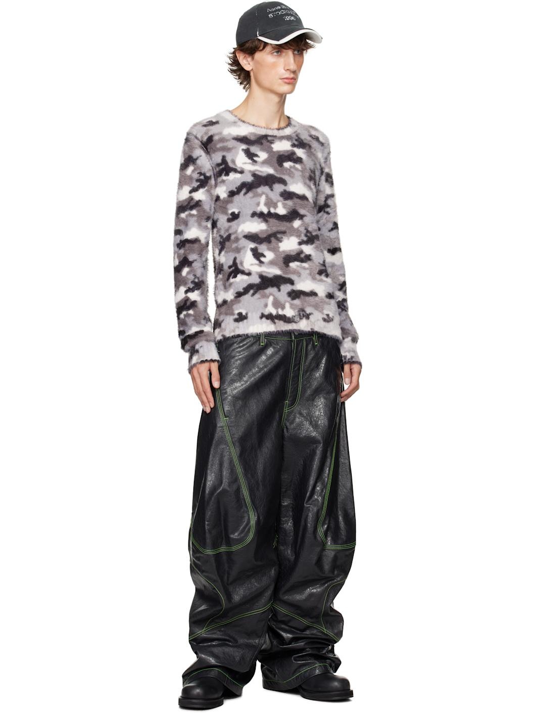 Gray Embroidered Leather Pants - 4