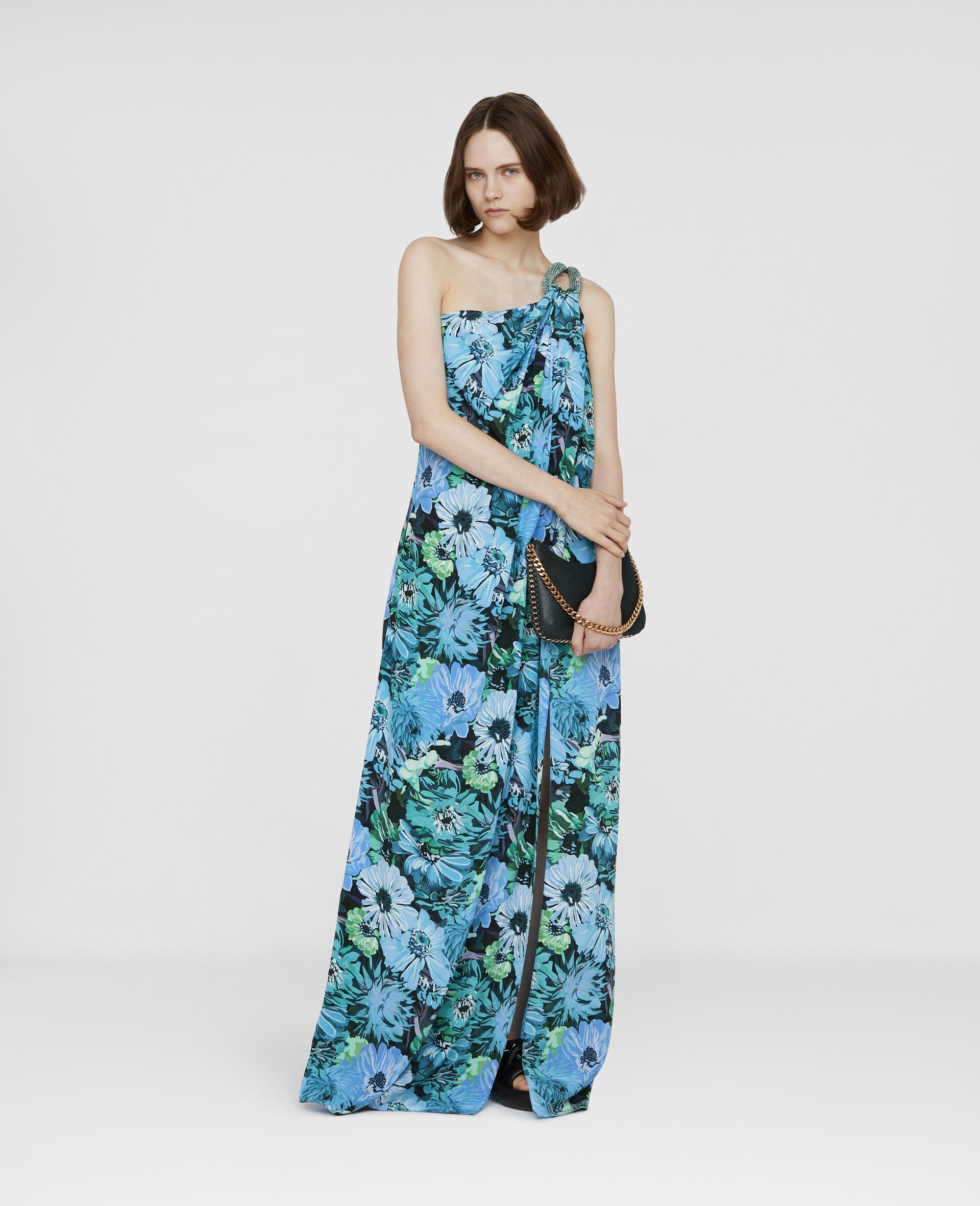 One Shoulder Painted Floral Print Silk Dress - 2