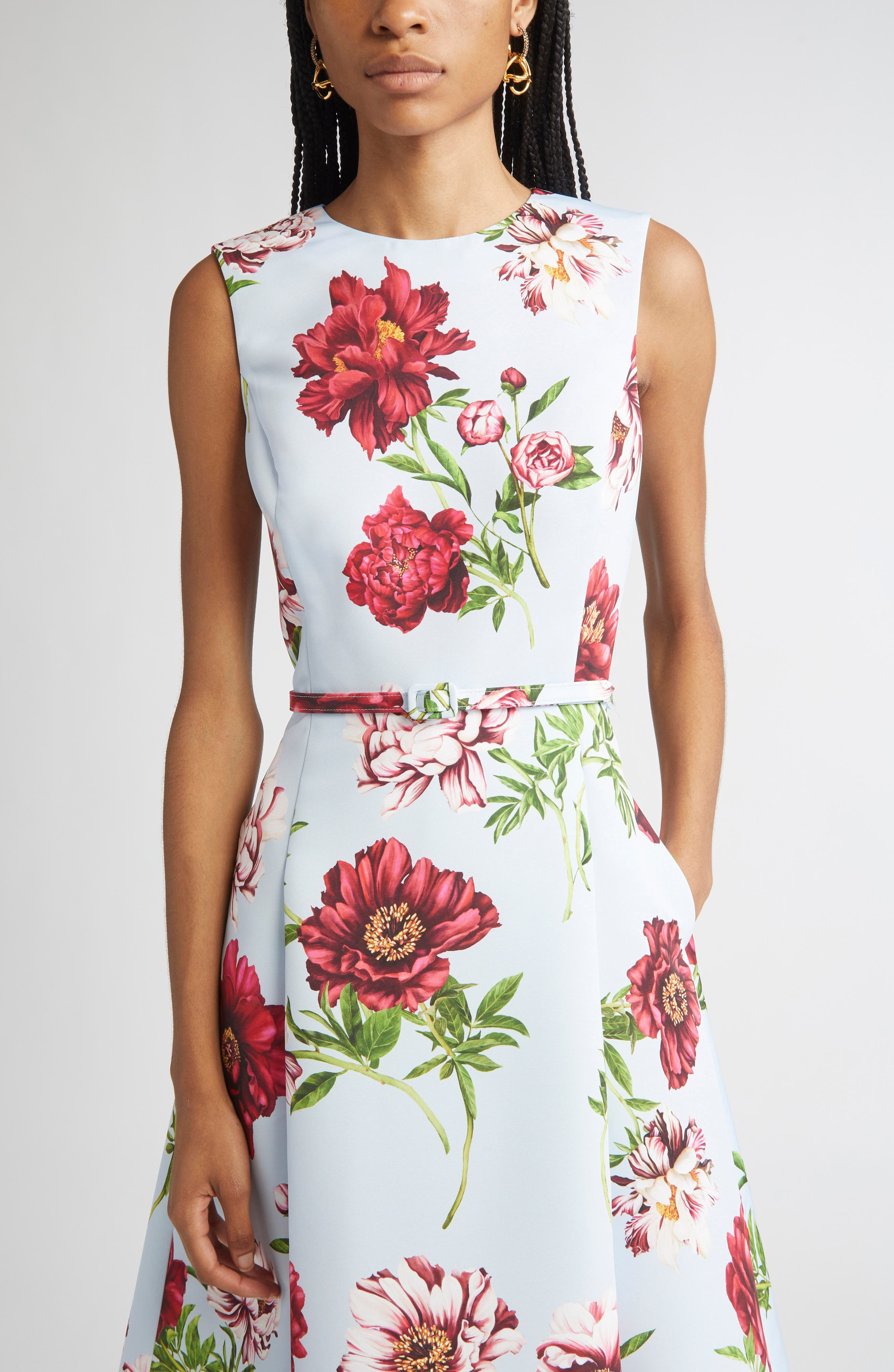 Oscar de la Renta Peony Print Sleeveless Faille Fit & Flare Dress in Blue Quartz Multi at Nordstrom - 4