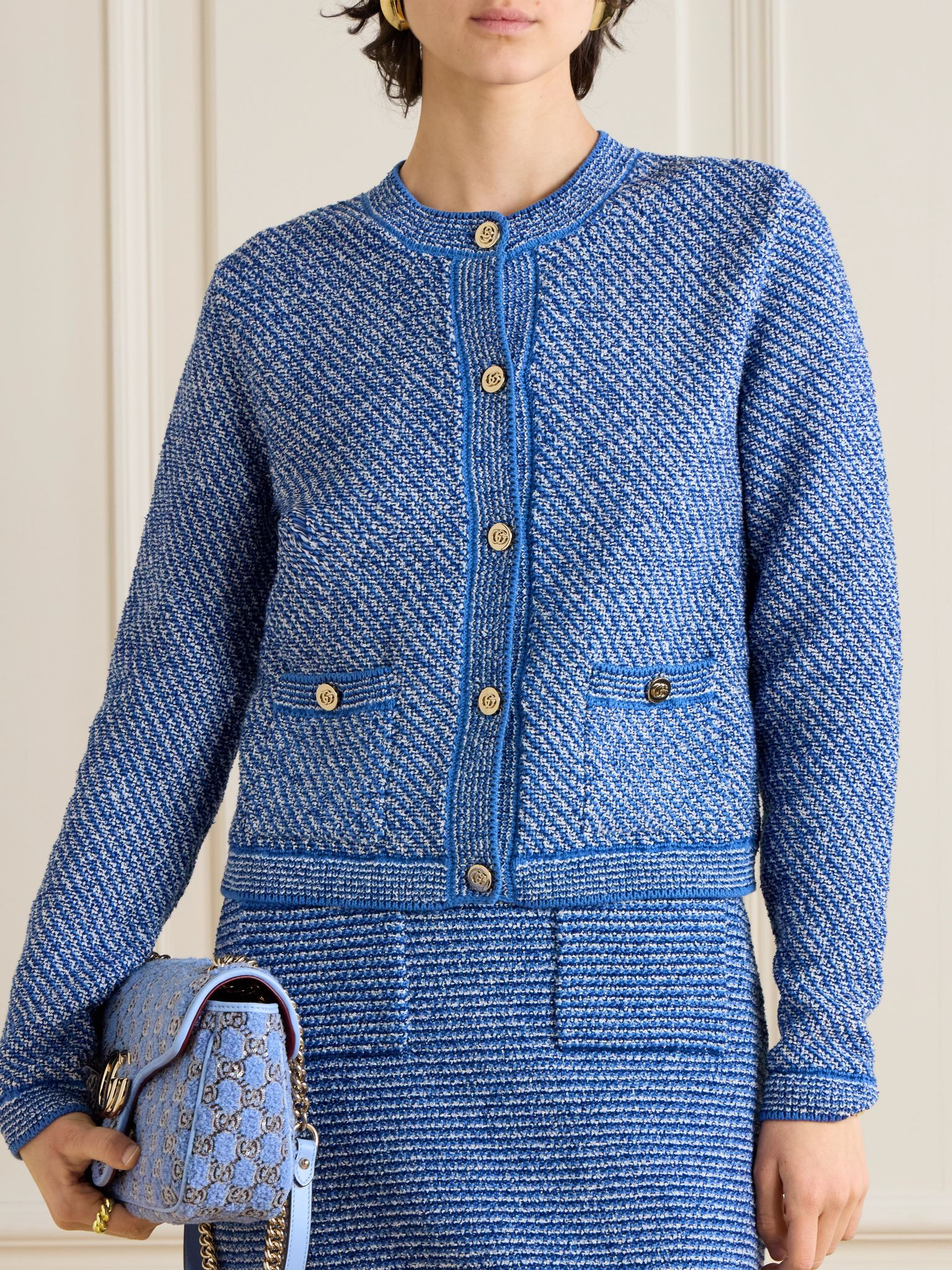 Striped cotton-blend bouclé cardigan Light denim - 3