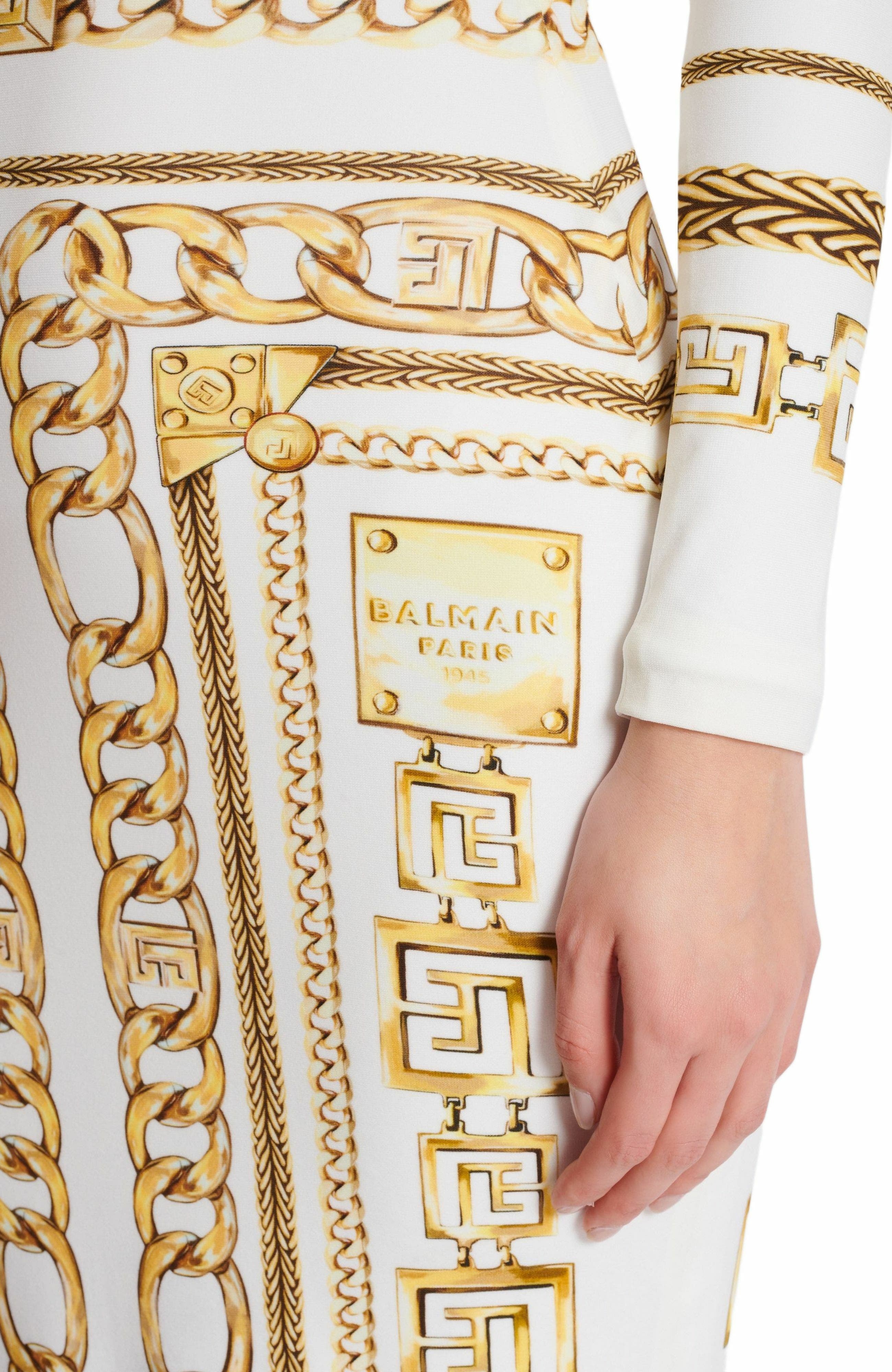Long printed bodycon dress with Balmain Foulard pattern in Gold at Nordstrom - 7