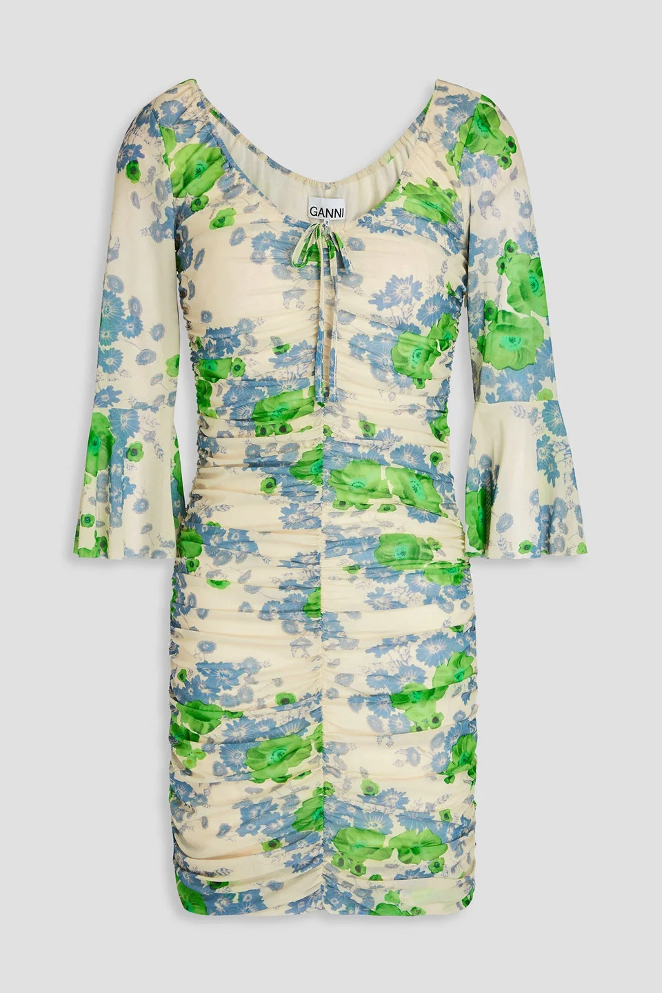 Ruched floral-print mesh mini dress - 1