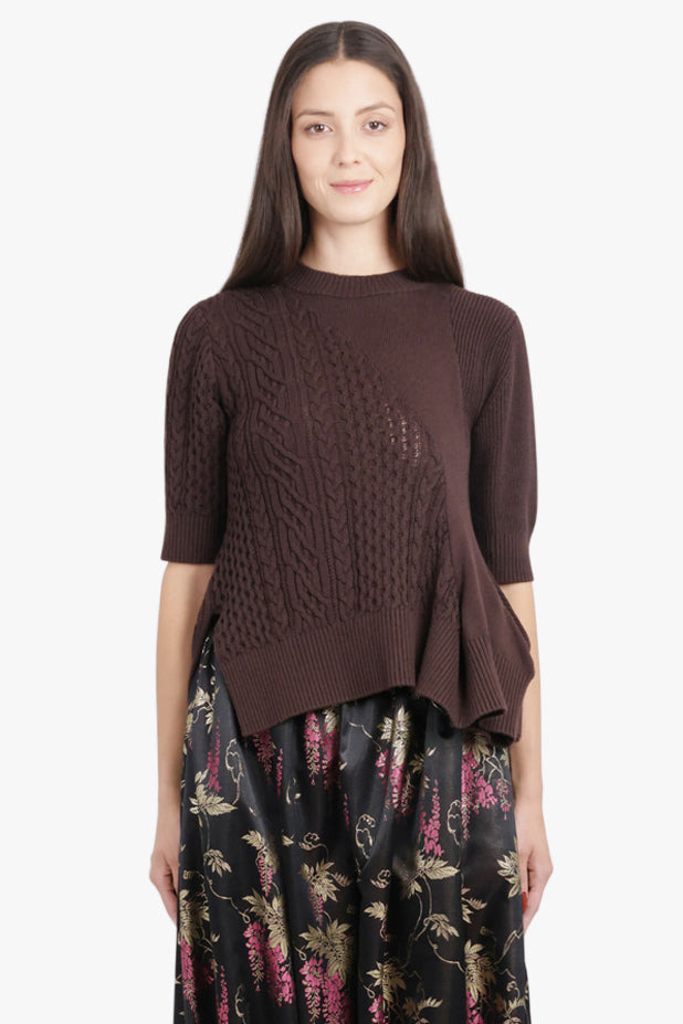 3/4 SLEEVE CHAIN KNIT WITH ASYMMETRIC HEM DETAIL | BROWN - 3