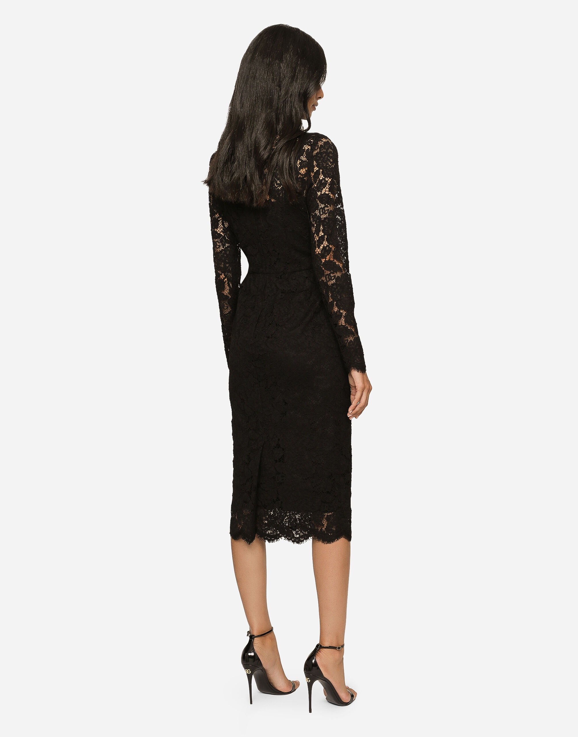 Long-sleeved calf-length dress in branded stretch lace - 3