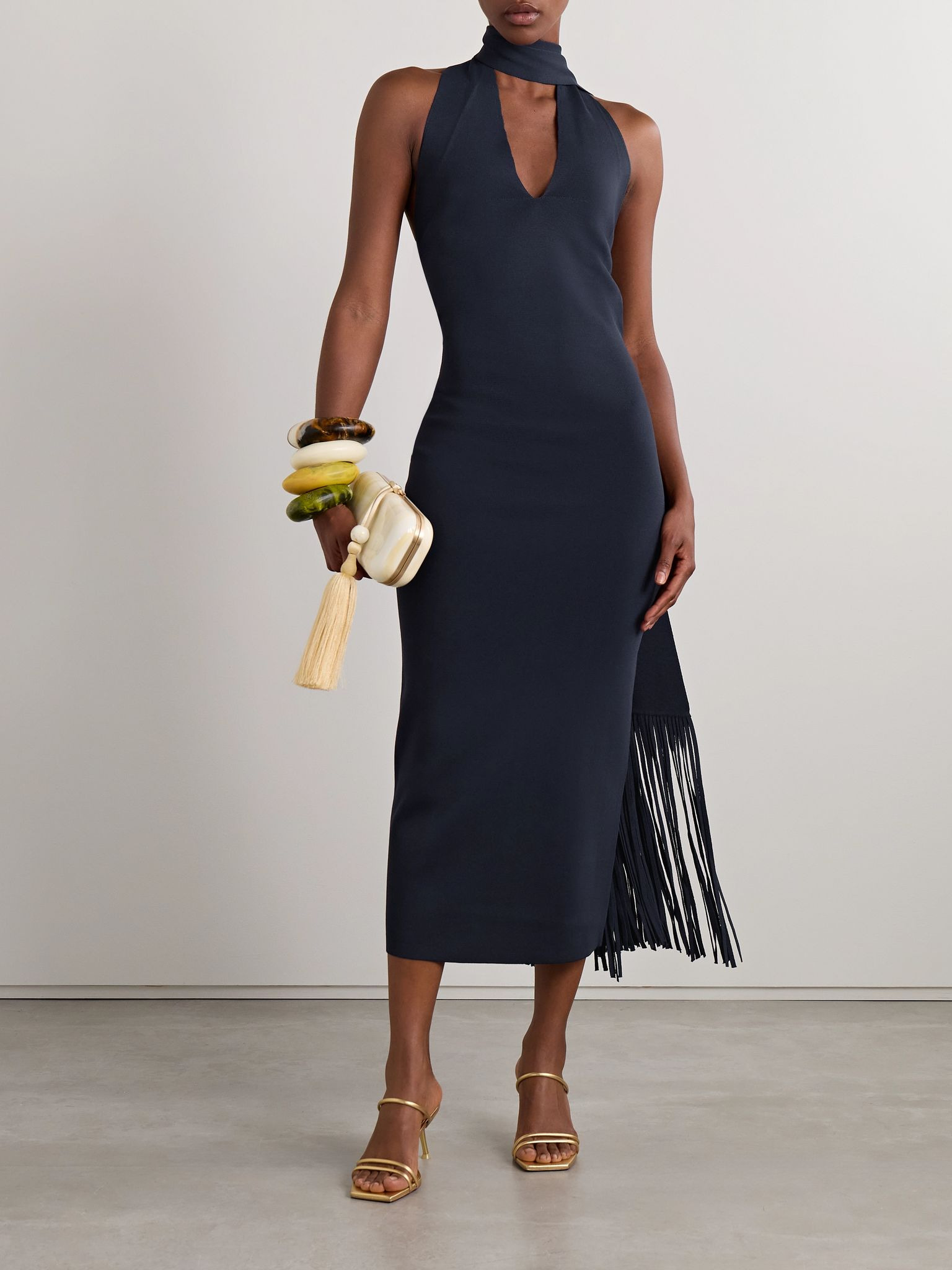 Caia draped fringed stretch-knit midi dress Navy - 2